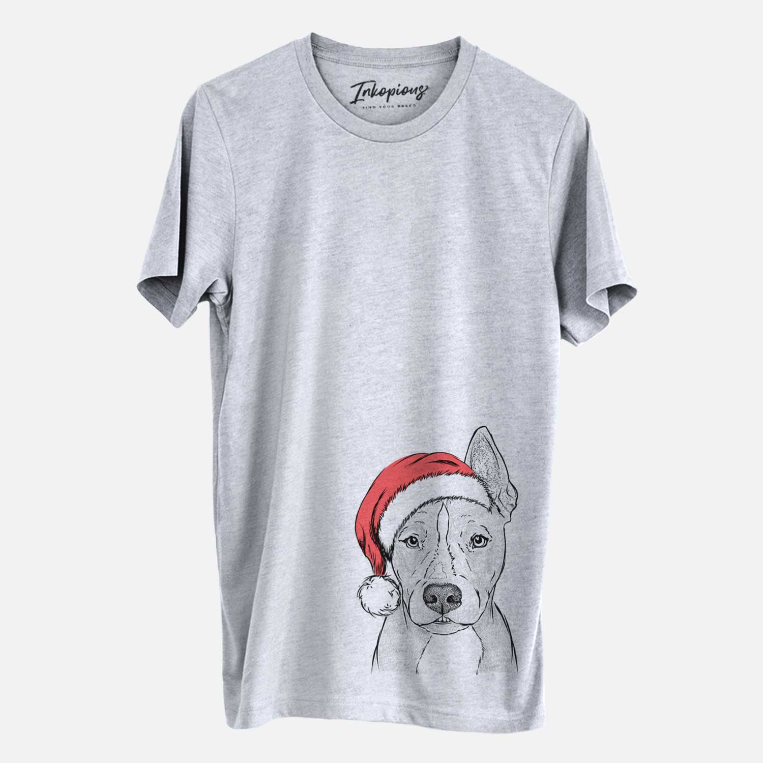 Hand-drawn sketch of Kisses the Pitbull wearing a Santa hat on a Grey Unisex crewneck