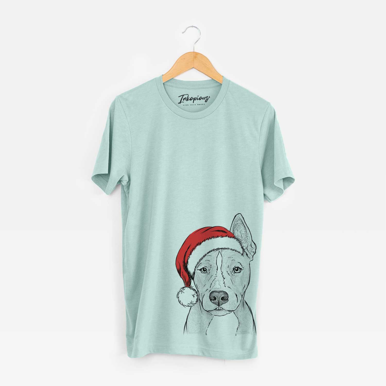 Hand-drawn sketch of Kisses the Pitbull wearing a Santa hat on a Heather Sage Unisex crewneck