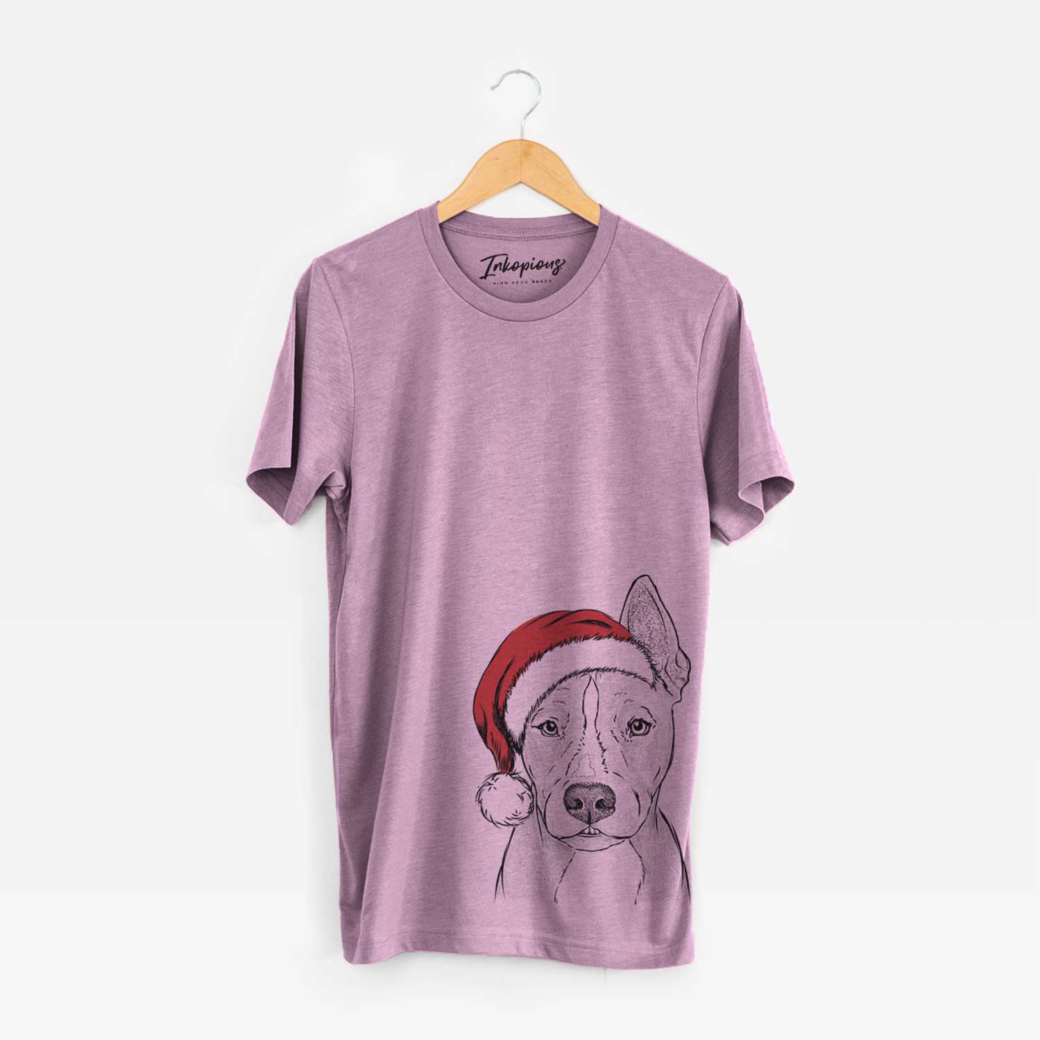 Hand-drawn sketch of Kisses the Pitbull wearing a Santa hat on an Orchid Unisex crewneck