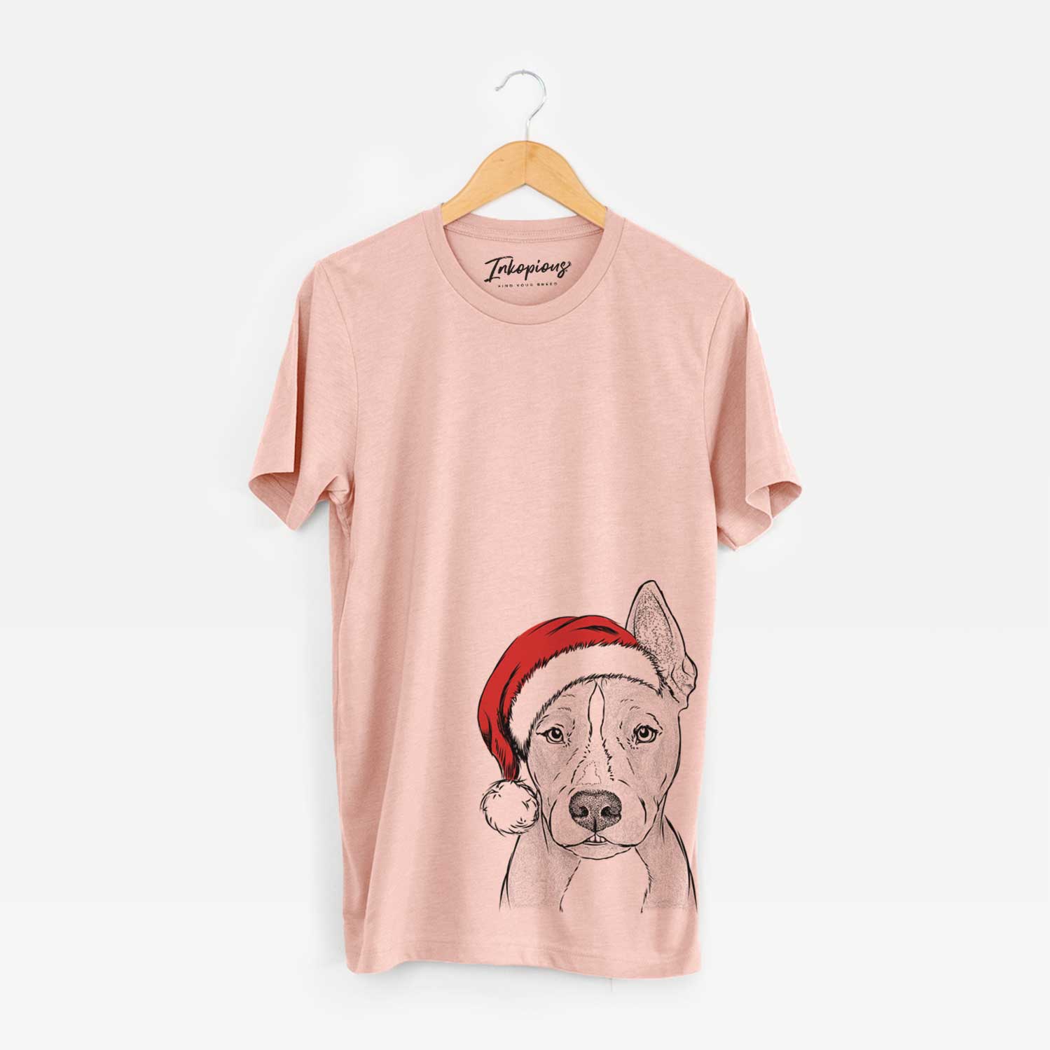 Hand-drawn sketch of Kisses the Pitbull wearing a Santa hat on a Peach Unisex crewneck