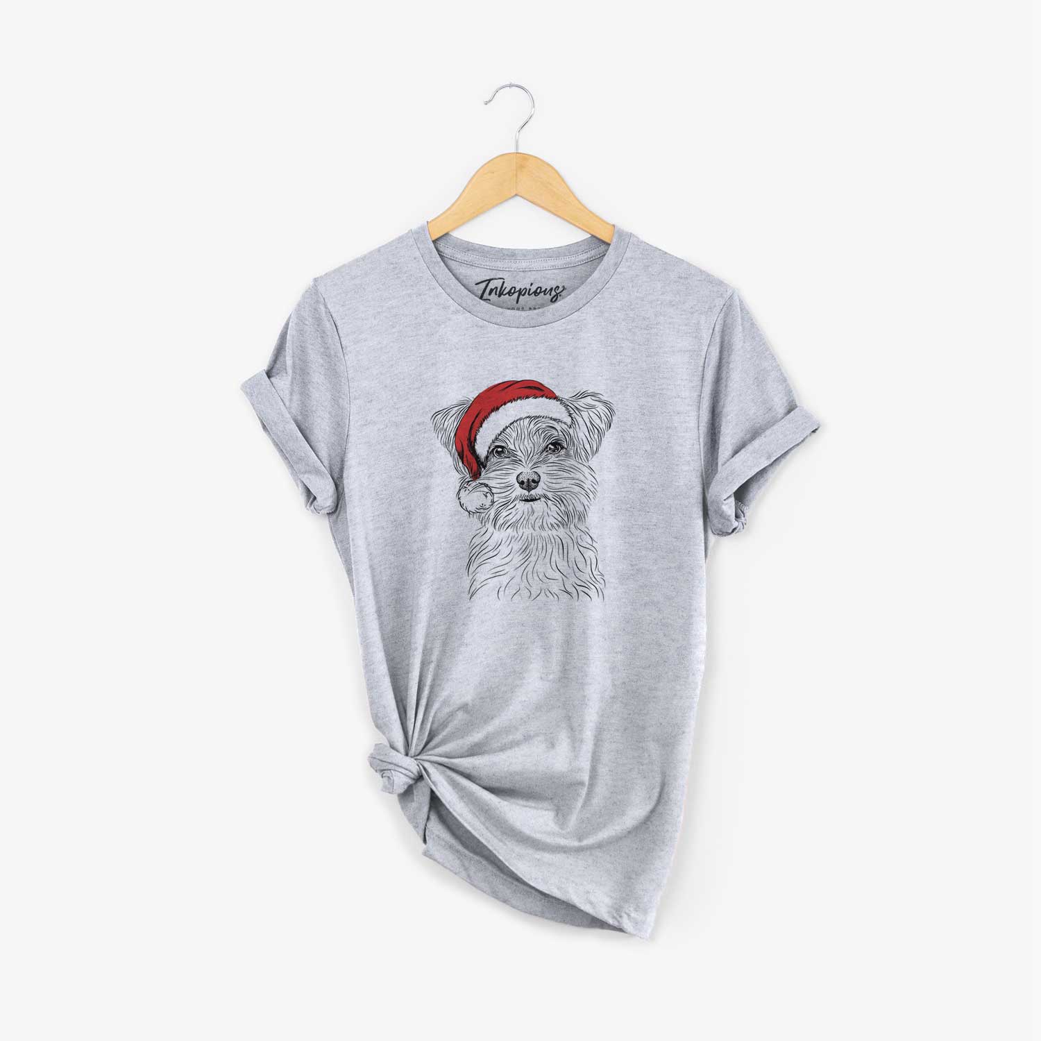 Hand-drawn sketch of Kiwi the Morkie wearing a Santa hat on a Grey Unisex crewneck
