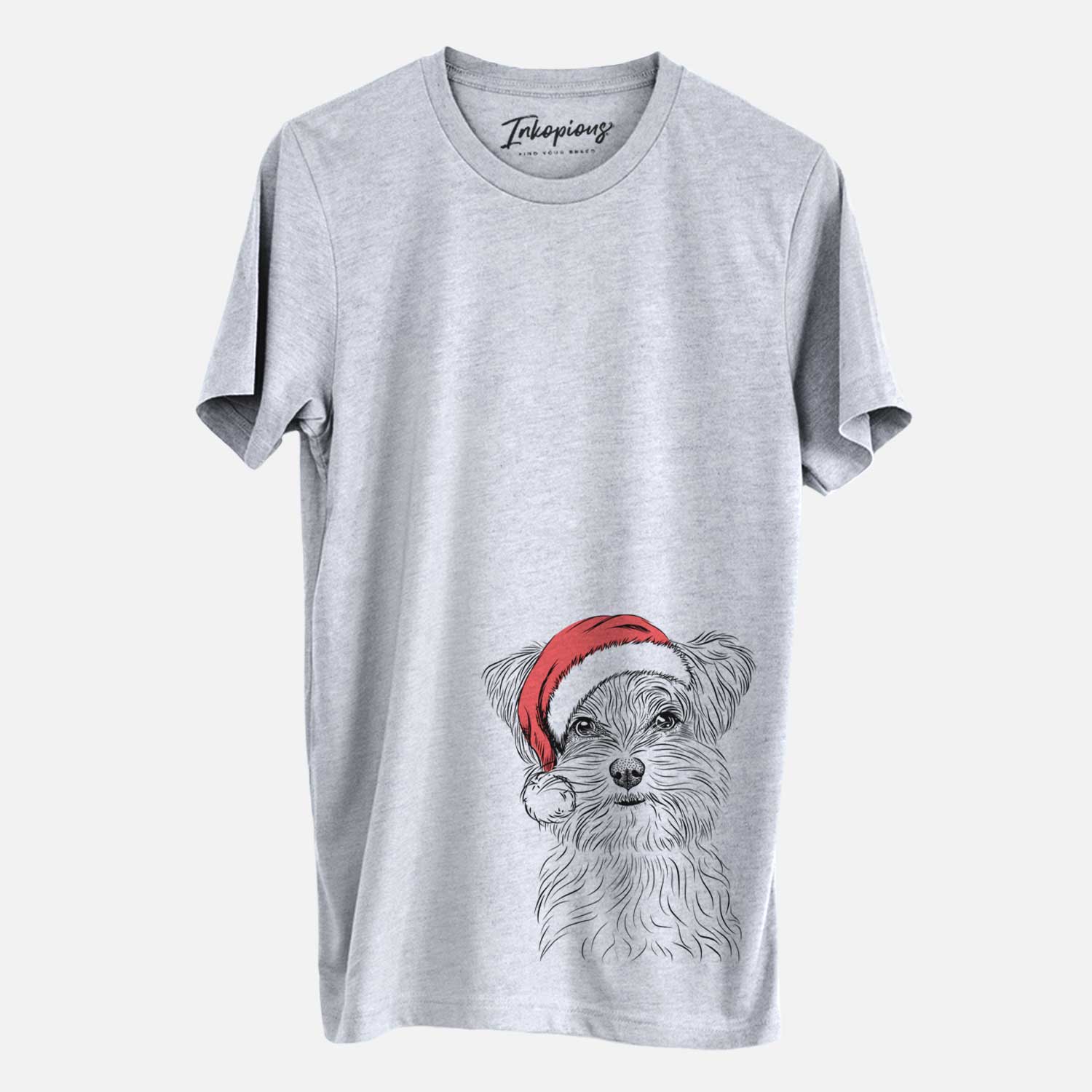 Hand-drawn sketch of Kiwi the Morkie wearing a Santa hat on a Grey Unisex crewneck