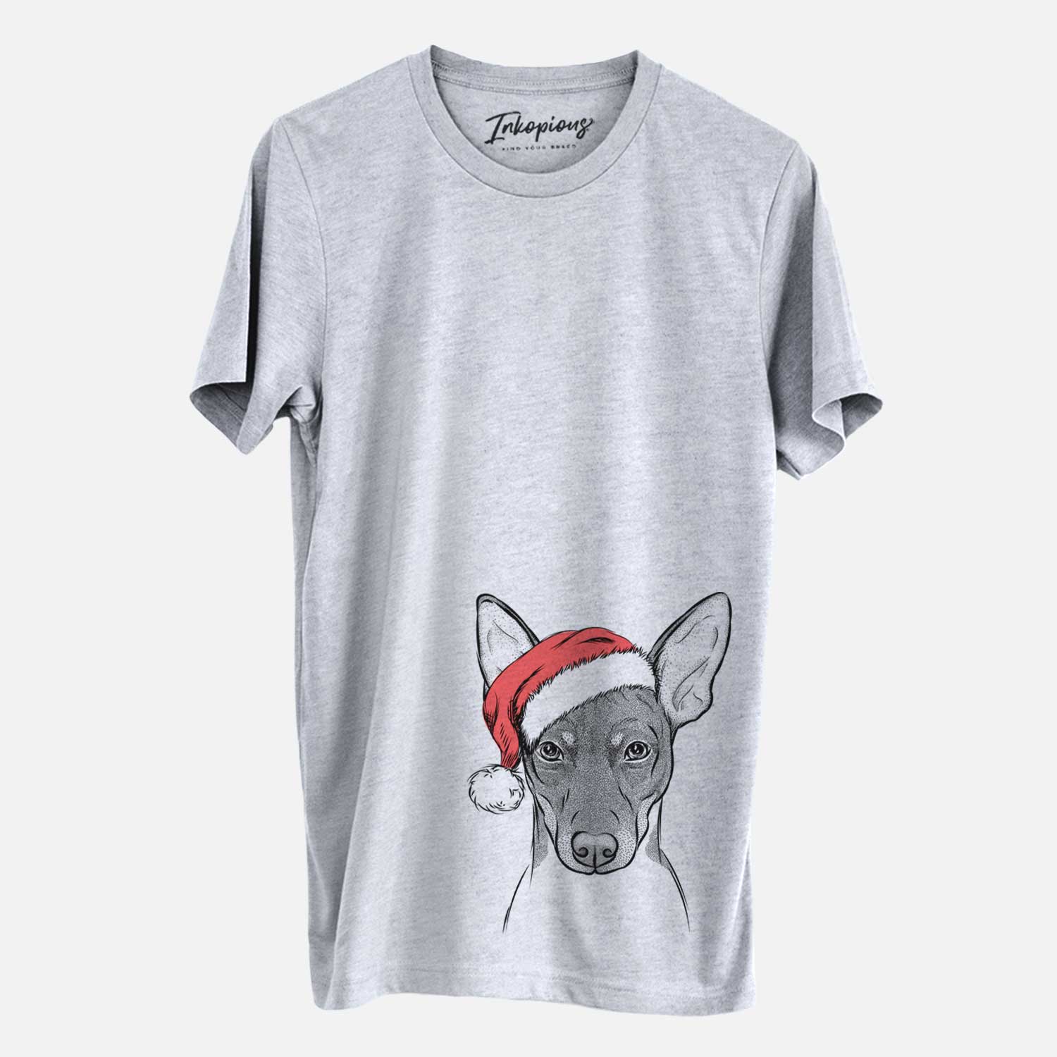 Hand-drawn sketch of Knox the Rat Terrier wearing a Santa hat on a Grey Unisex crewneck