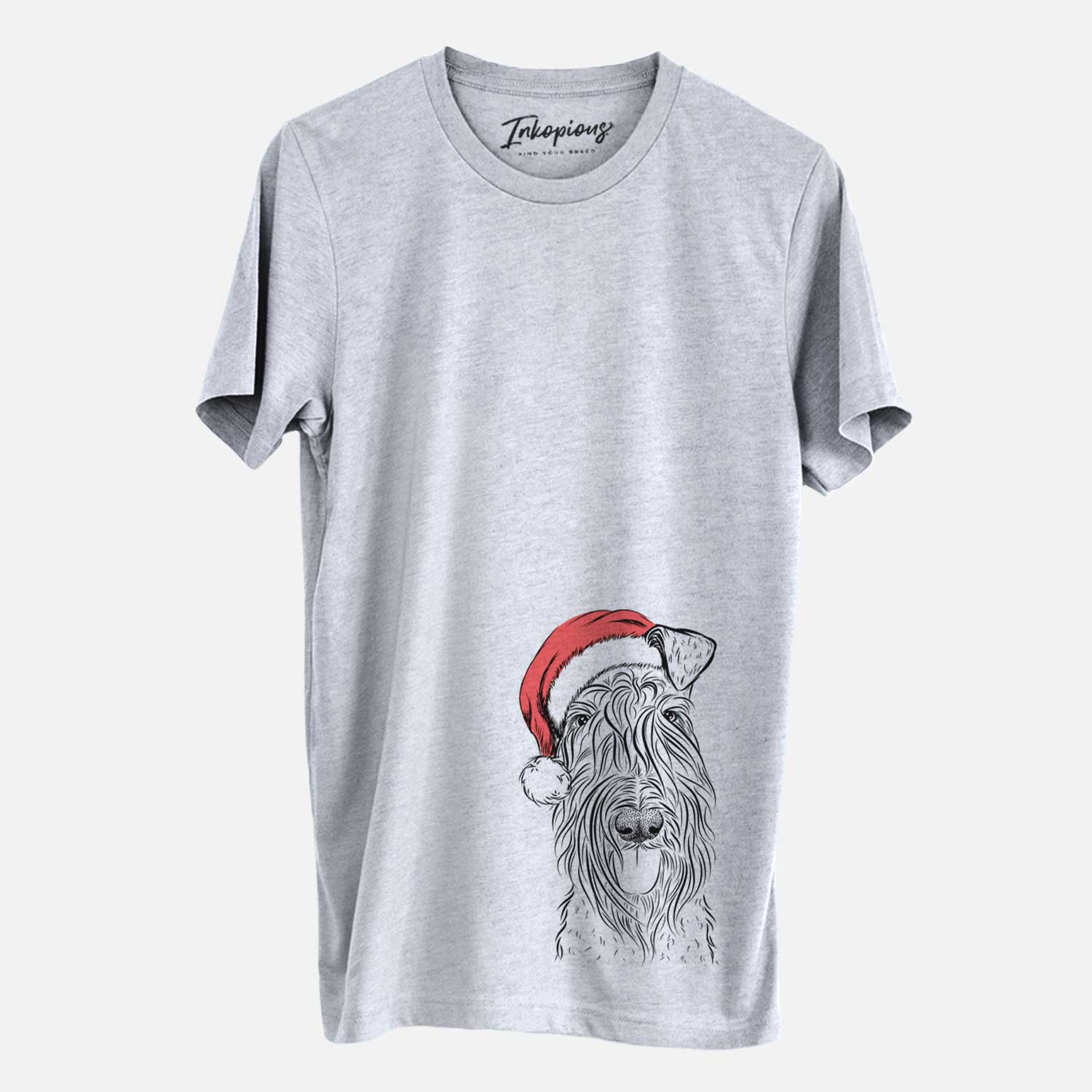 Hand-drawn sketch of Kricket the Kerry Blue Terrier wearing a Santa hat on a Grey Unisex crewneck