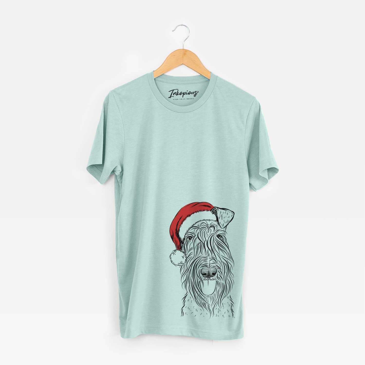 Hand-drawn sketch of Kricket the Kerry Blue Terrier wearing a Santa hat on a Heather Sage Unisex crewneck