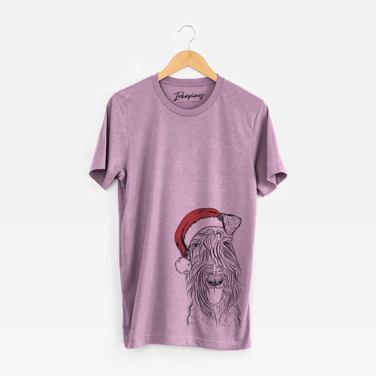 Hand-drawn sketch of Kricket the Kerry Blue Terrier wearing a Santa hat on an Orchid Unisex crewneck