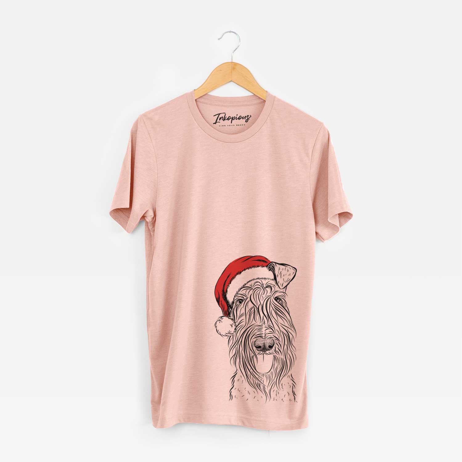 Hand-drawn sketch of Kricket the Kerry Blue Terrier wearing a Santa hat on a Peach Unisex crewneck