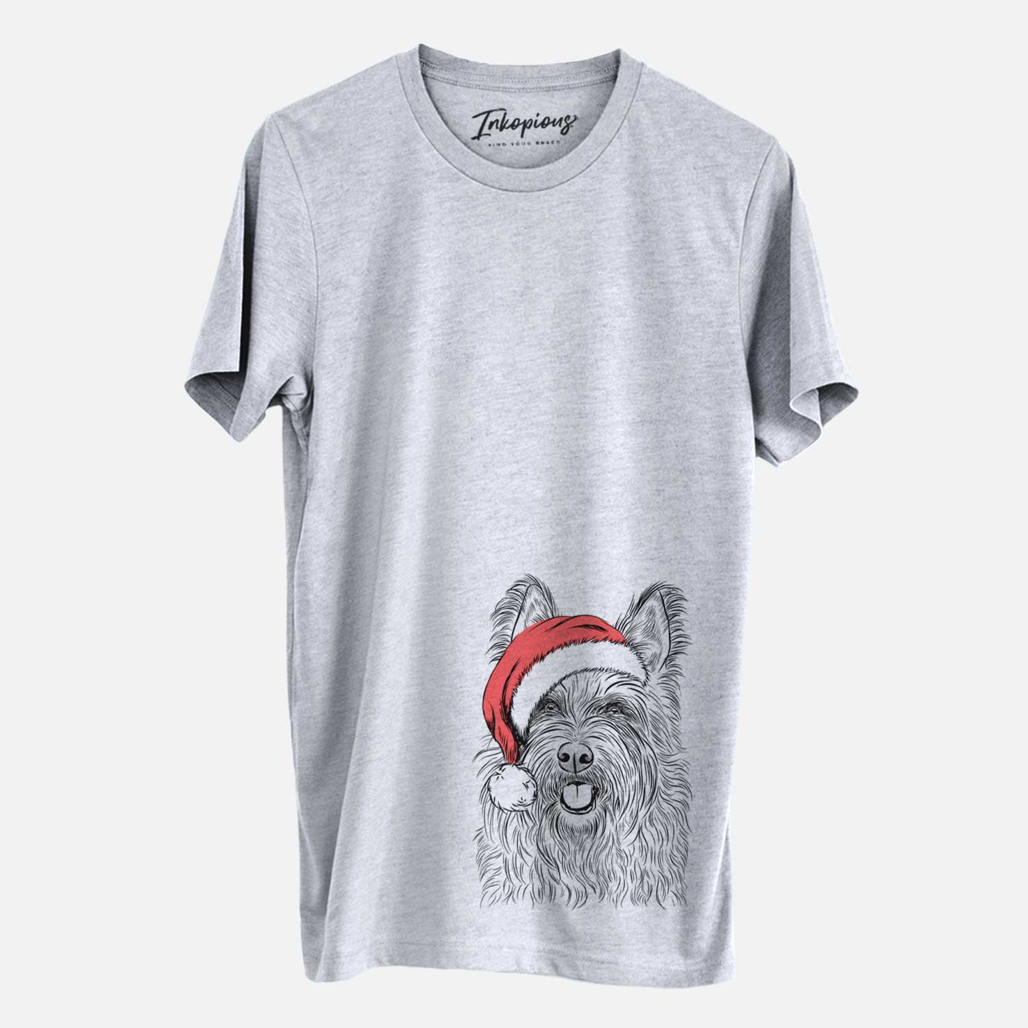 Hand-drawn sketch of Kyros the Berger Picard wearing a Santa hat on a Grey Unisex crewneck