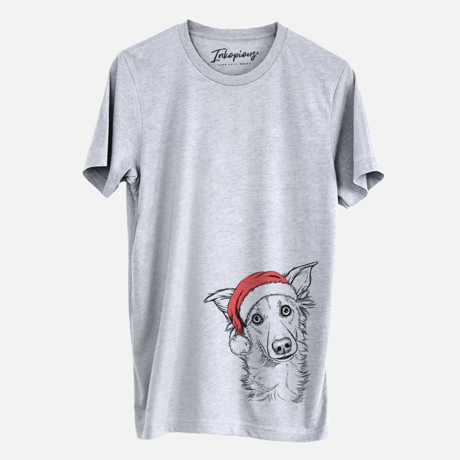 Hand-drawn sketch of Kyu the Windsprite wearing a Santa hat on a Grey Unisex crewneck