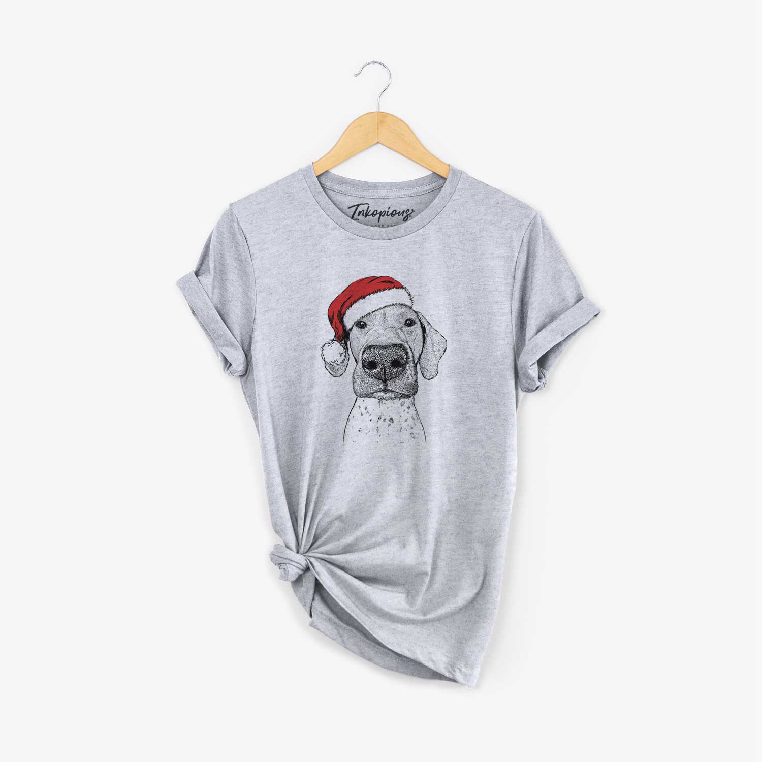 Hand-drawn sketch of Leroy the German Shorthaired Pointer wearing a Santa hat on a Grey Unisex crewneck