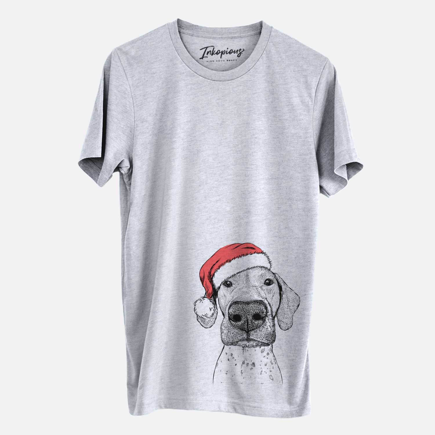 Hand-drawn sketch of Leroy the German Shorthaired Pointer wearing a Santa hat on a Grey Unisex crewneck