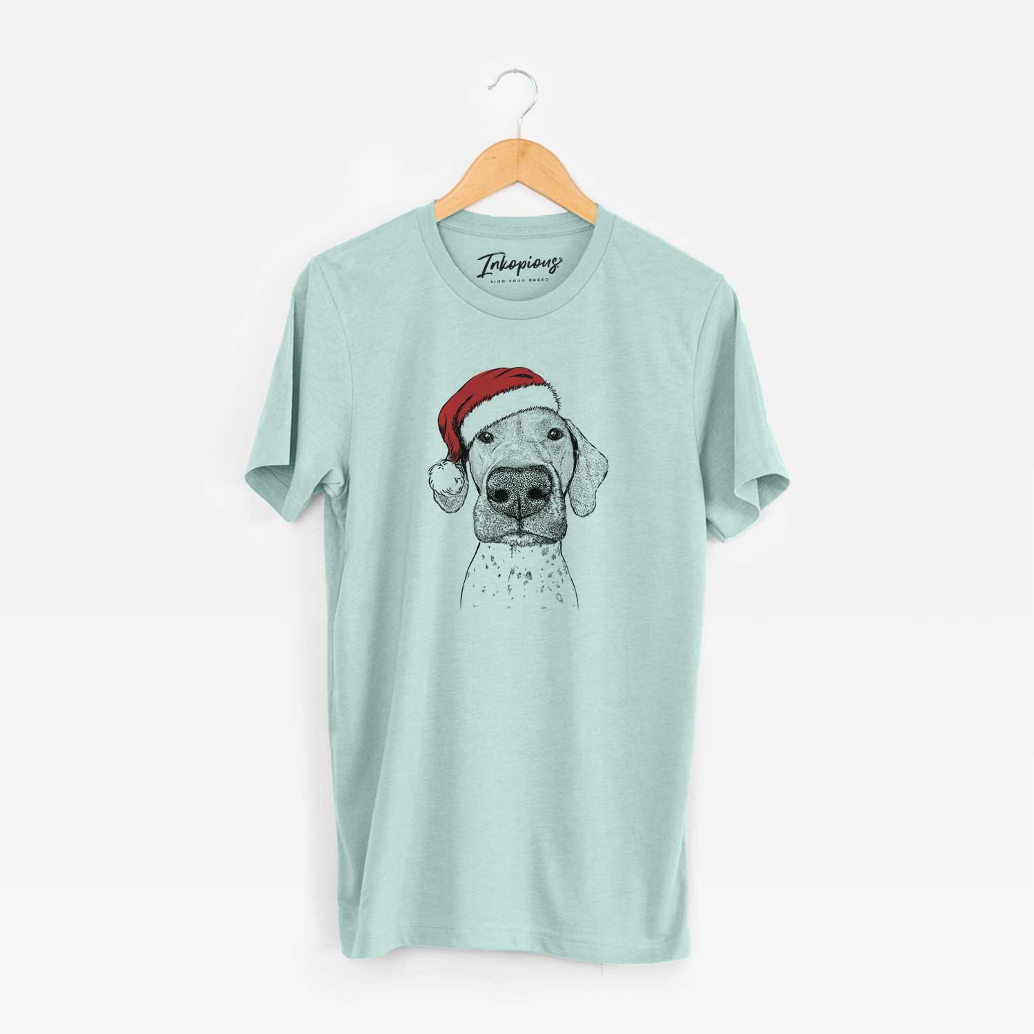 Hand-drawn sketch of Leroy the German Shorthaired Pointer wearing a Santa hat on a Heather Sage Unisex crewneck