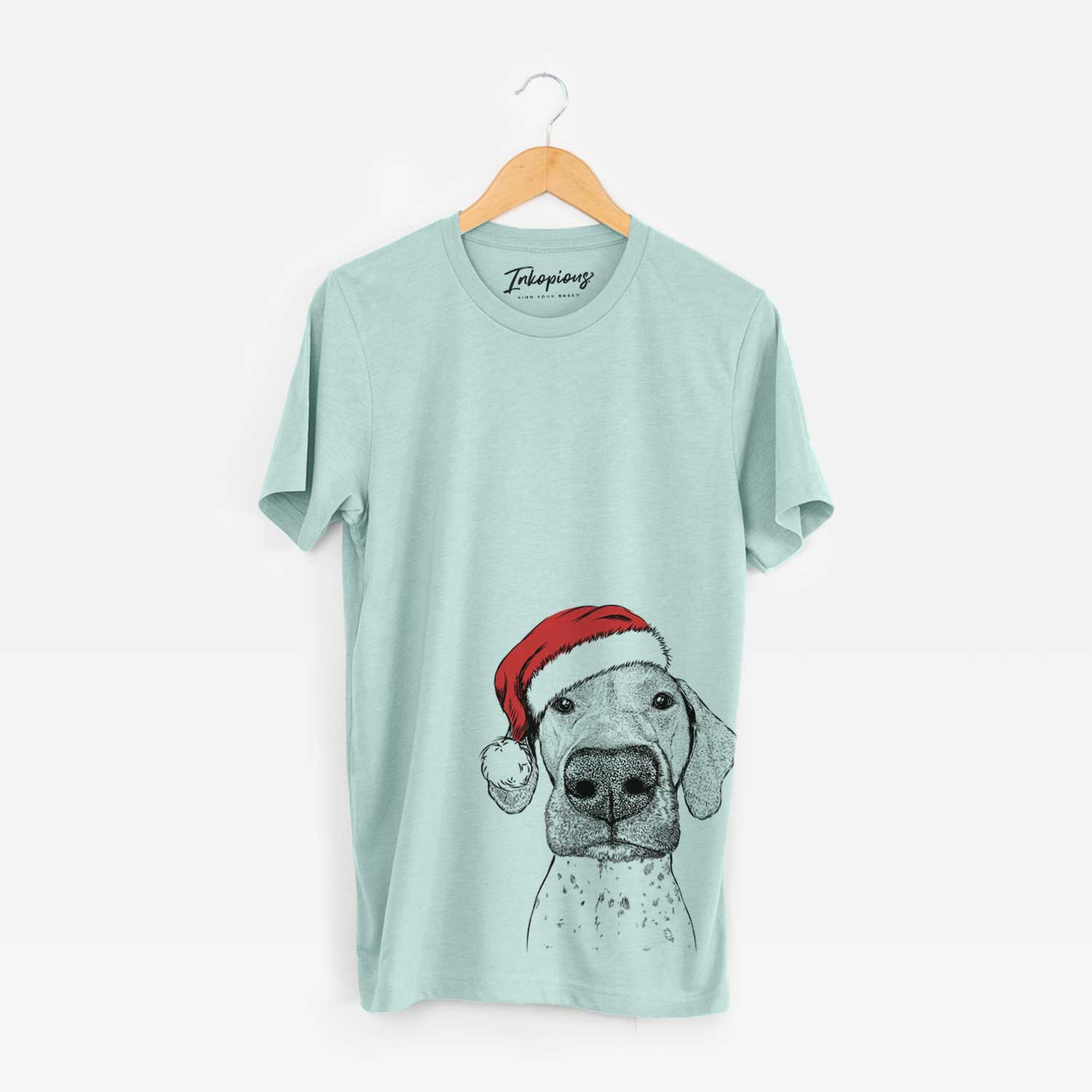 Hand-drawn sketch of Leroy the German Shorthaired Pointer wearing a Santa hat on a Heather Sage Unisex crewneck