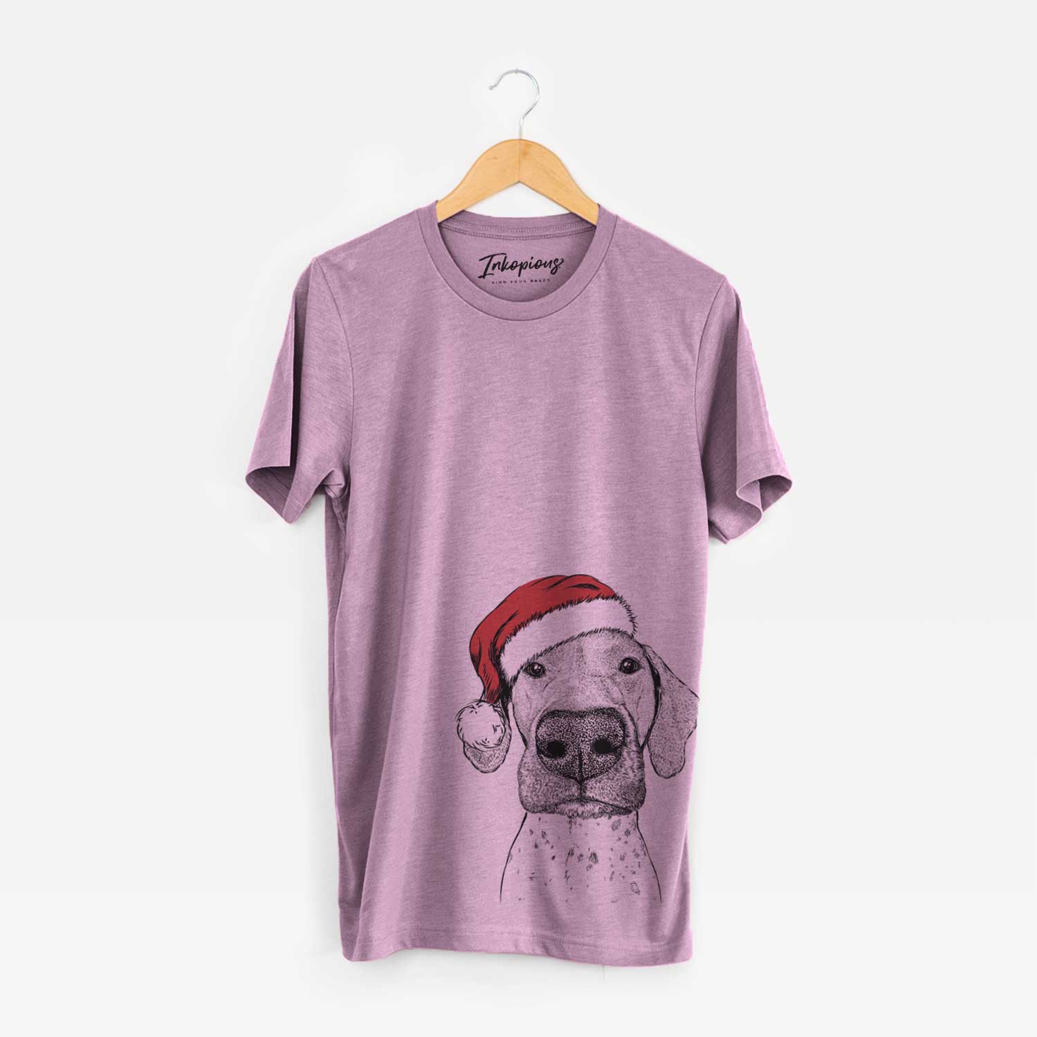 Hand-drawn sketch of Leroy the German Shorthaired Pointer wearing a Santa hat on an Orchid Unisex crewneck