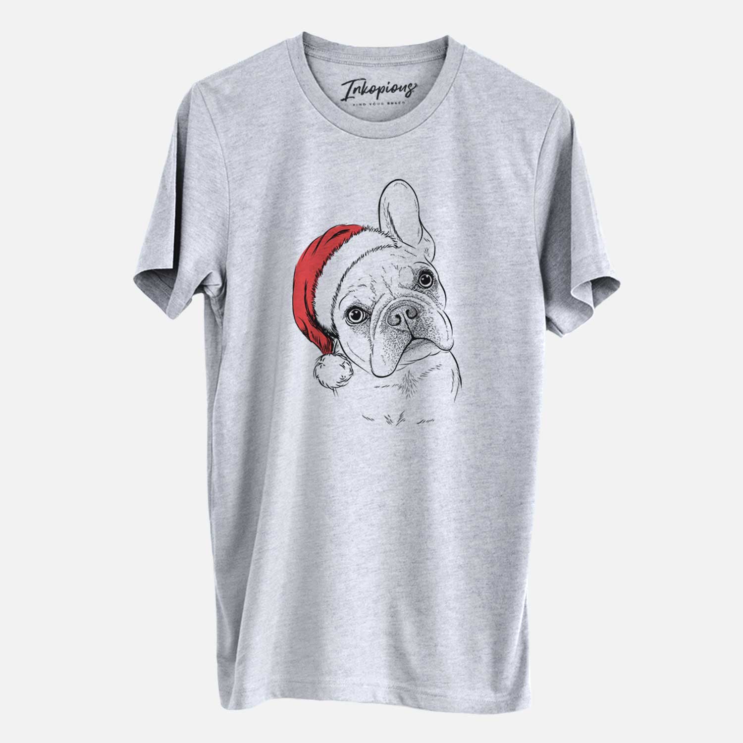 Hand-drawn sketch of Loki the French Bulldog wearing a Santa hat on a Grey Unisex crewneck
