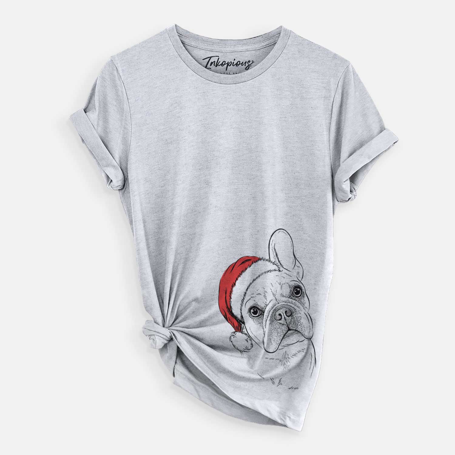 Hand-drawn sketch of Loki the French Bulldog wearing a Santa hat on a Grey Unisex crewneck