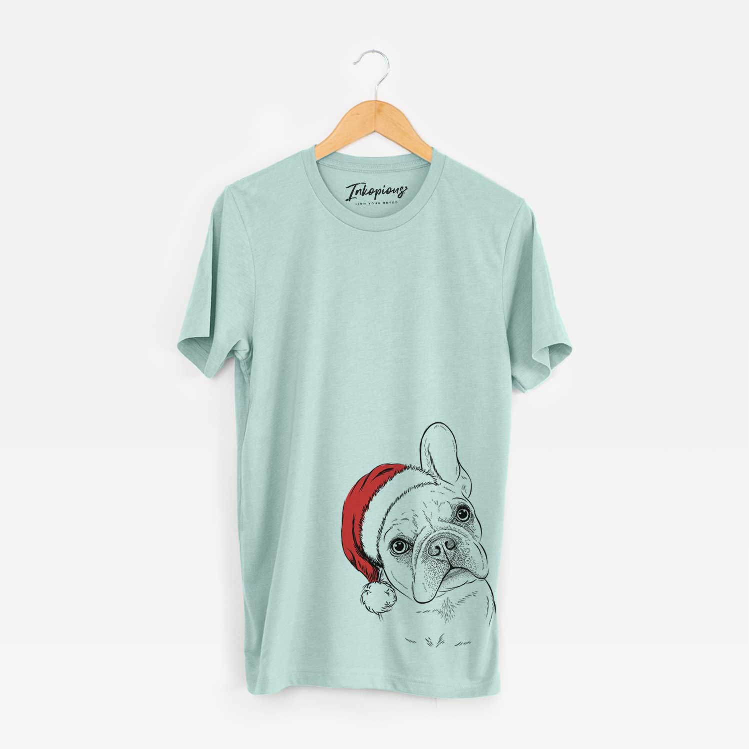 Hand-drawn sketch of Loki the French Bulldog wearing a Santa hat on a Heather Sage Unisex crewneck