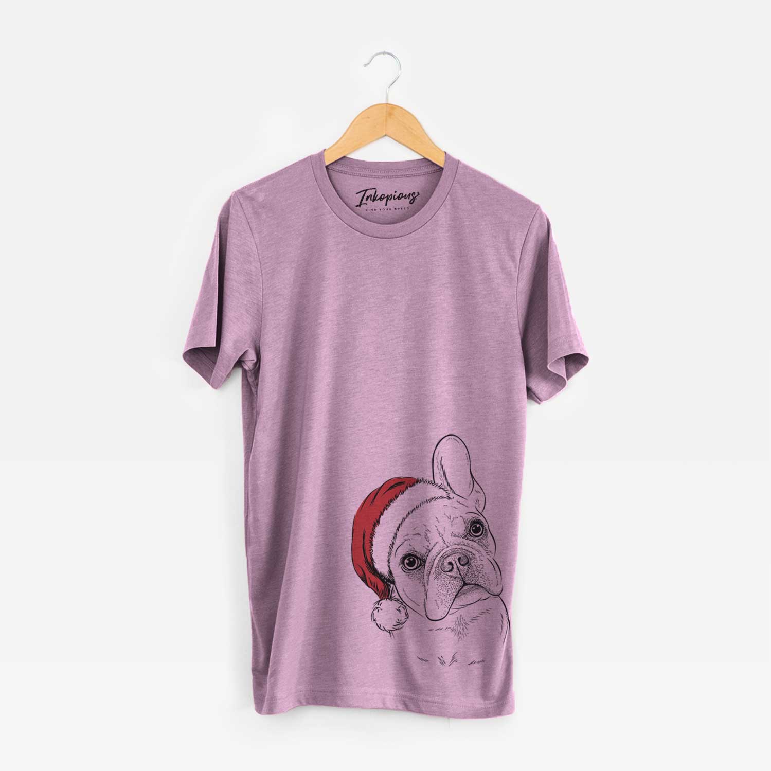 Hand-drawn sketch of Loki the French Bulldog wearing a Santa hat on an Orchid Unisex crewneck