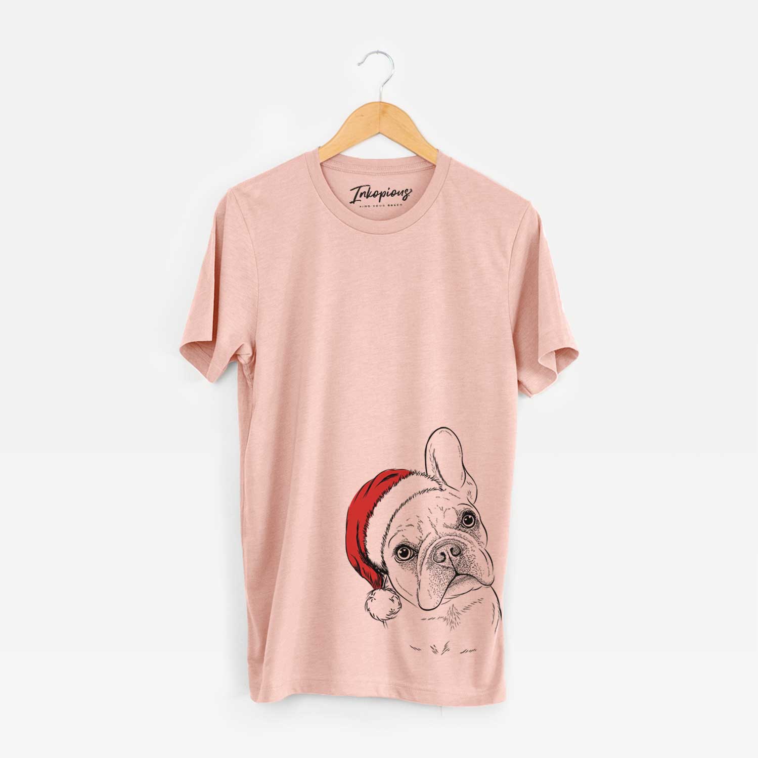 Hand-drawn sketch of Loki the French Bulldog wearing a Santa hat on a Peach Unisex crewneck