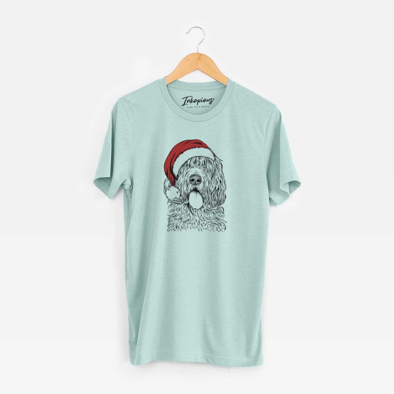 Hand-drawn sketch of Lou the Otterhound wearing a Santa hat on a Heather Sage Unisex crewneck
