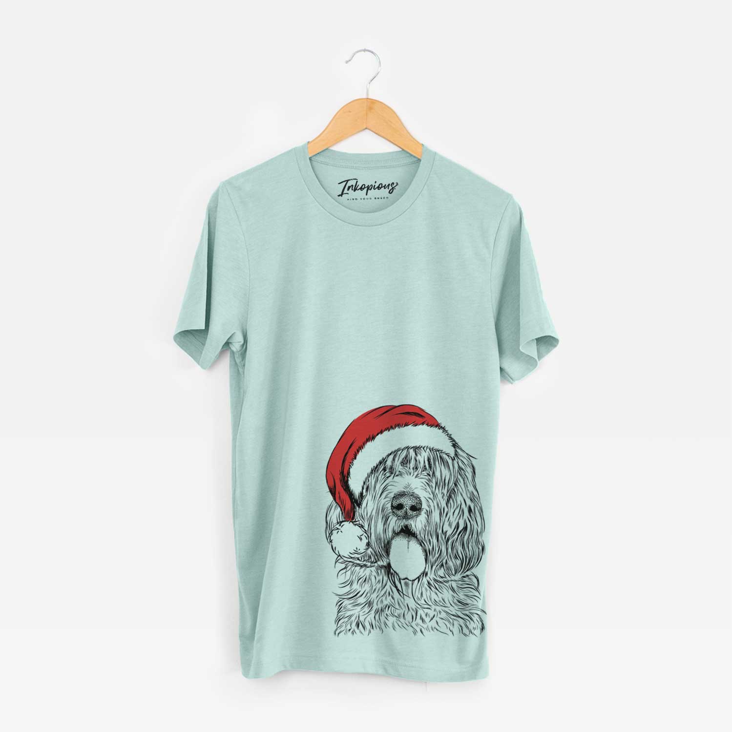 Hand-drawn sketch of Lou the Otterhound wearing a Santa hat on a Heather Sage Unisex crewneck