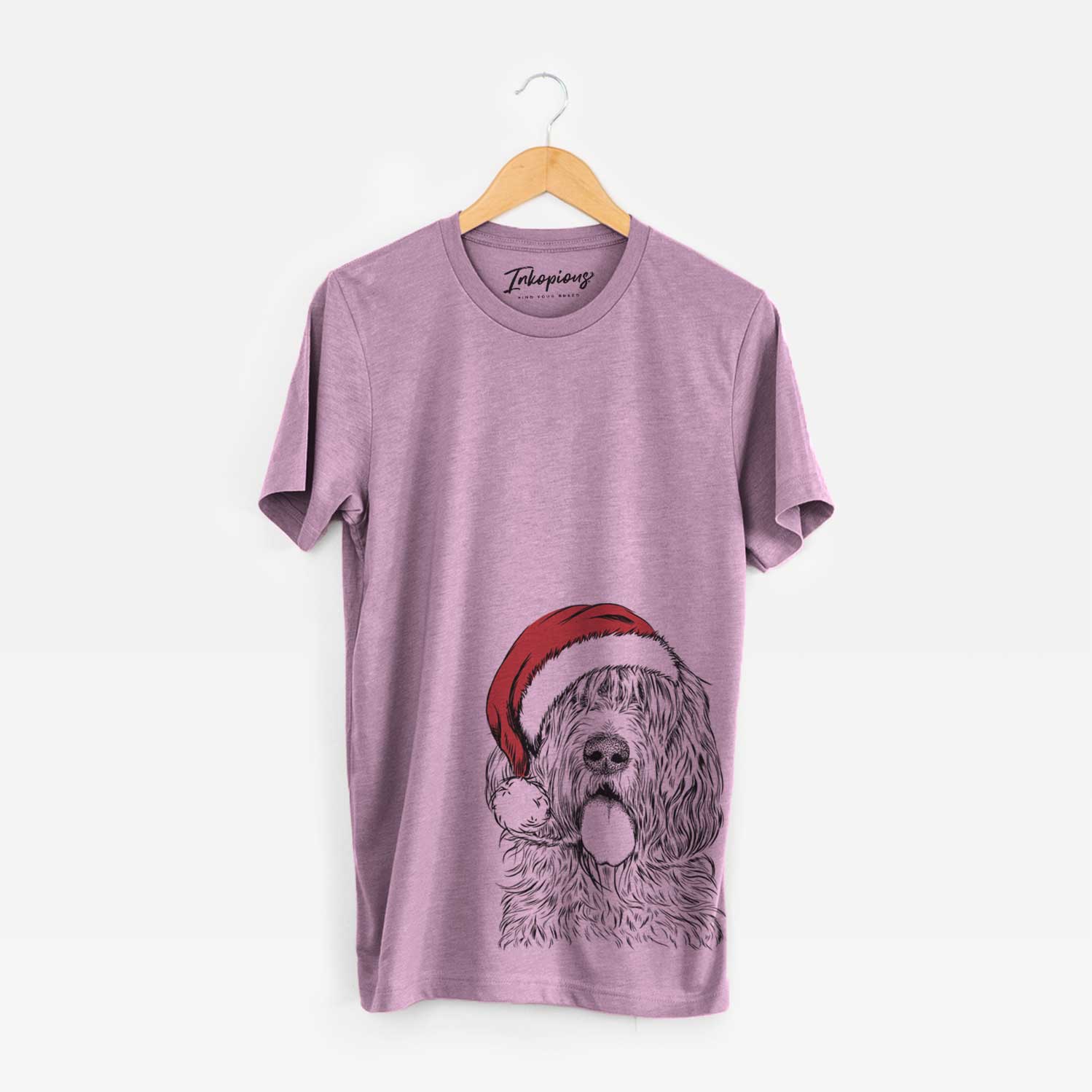 Hand-drawn sketch of Lou the Otterhound wearing a Santa hat on an Orchid Unisex crewneck