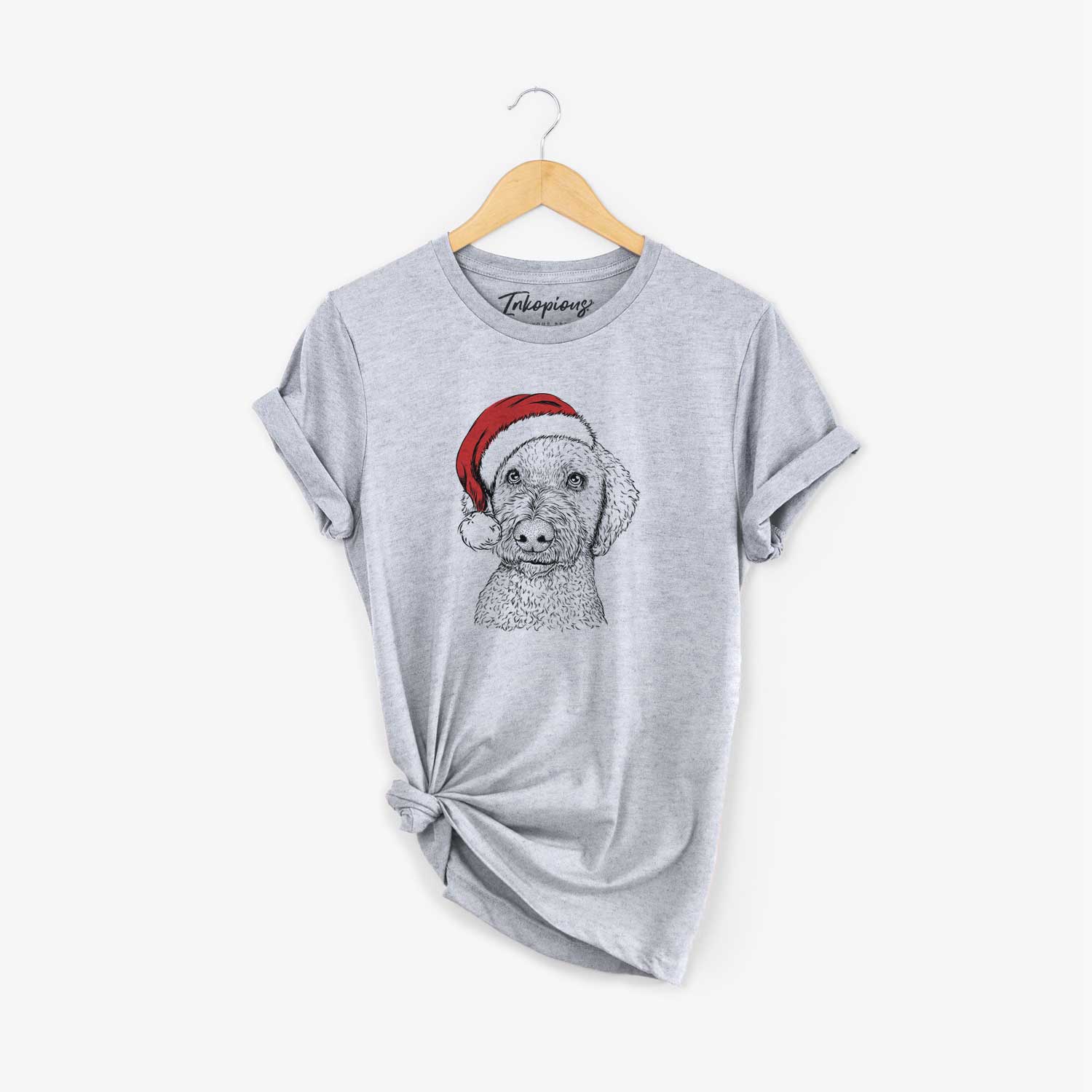 Hand-drawn sketch of Lucy Boo the Goldendoodle wearing a Santa hat on a Grey Unisex crewneck