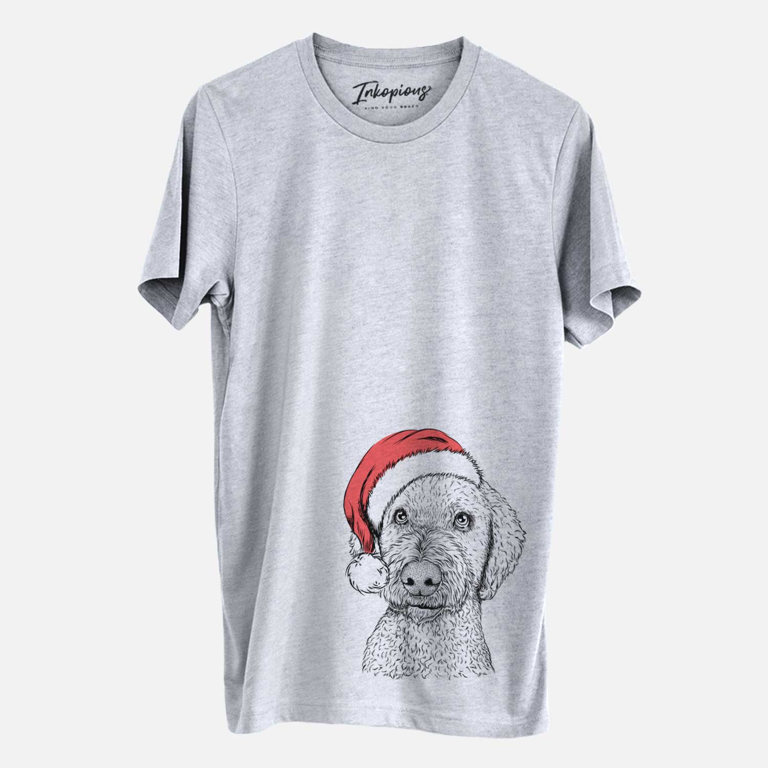 Hand-drawn sketch of Lucy Boo the Goldendoodle wearing a Santa hat on a Grey Unisex crewneck