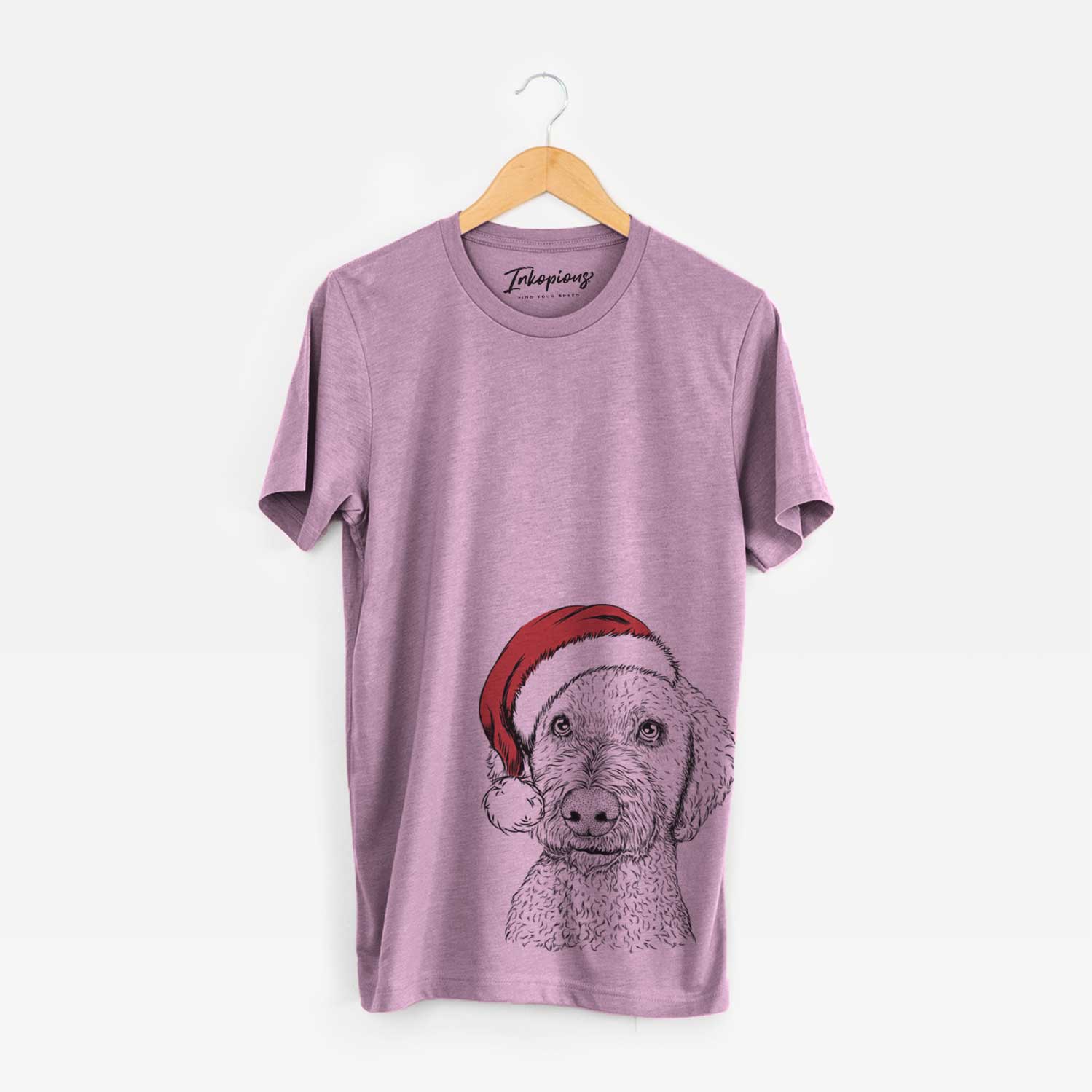 Hand-drawn sketch of Lucy Boo the Goldendoodle wearing a Santa hat on an Orchid Unisex crewneck
