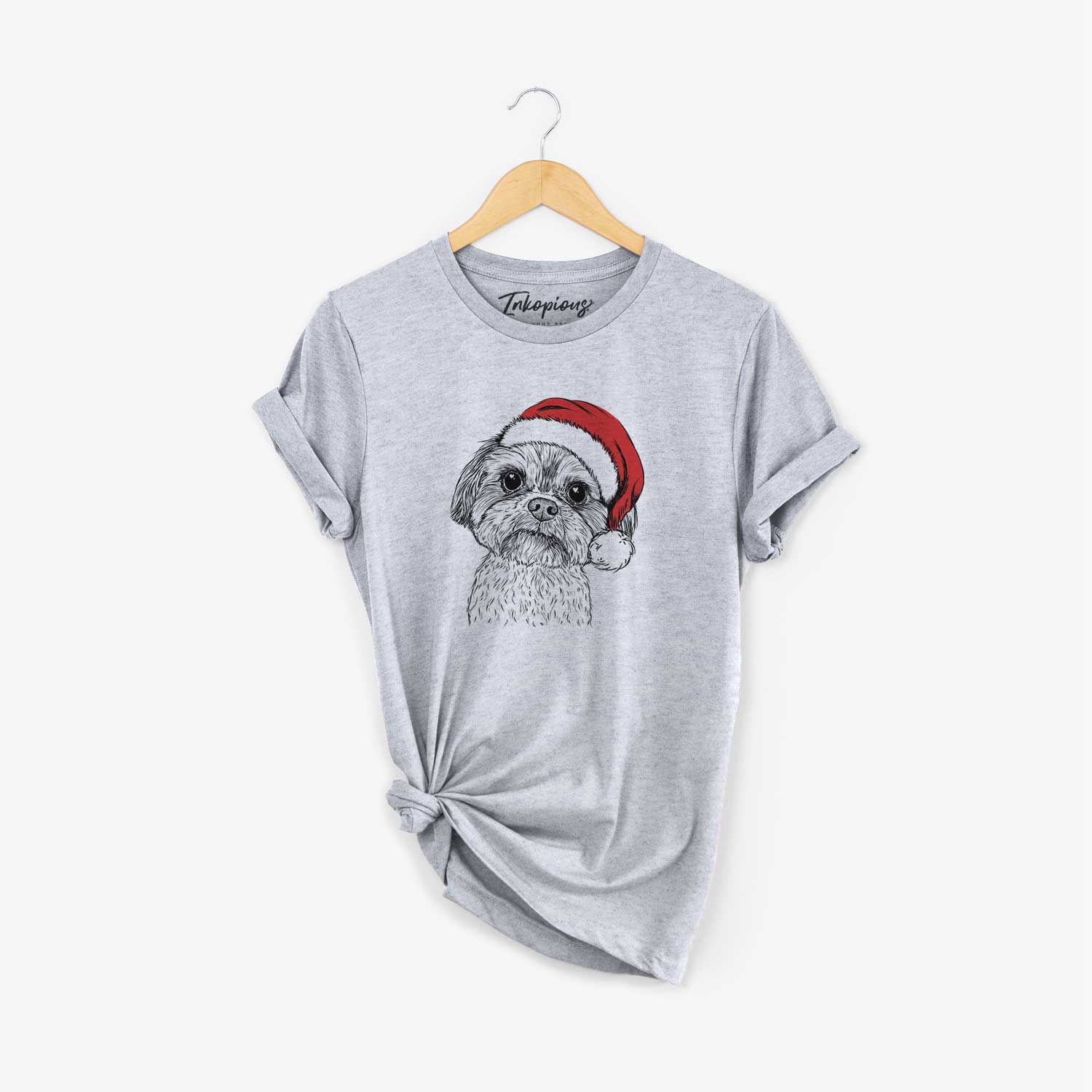 Hand-drawn sketch of Lucy the Shorkie wearing a Santa hat on a Grey Unisex crewneck