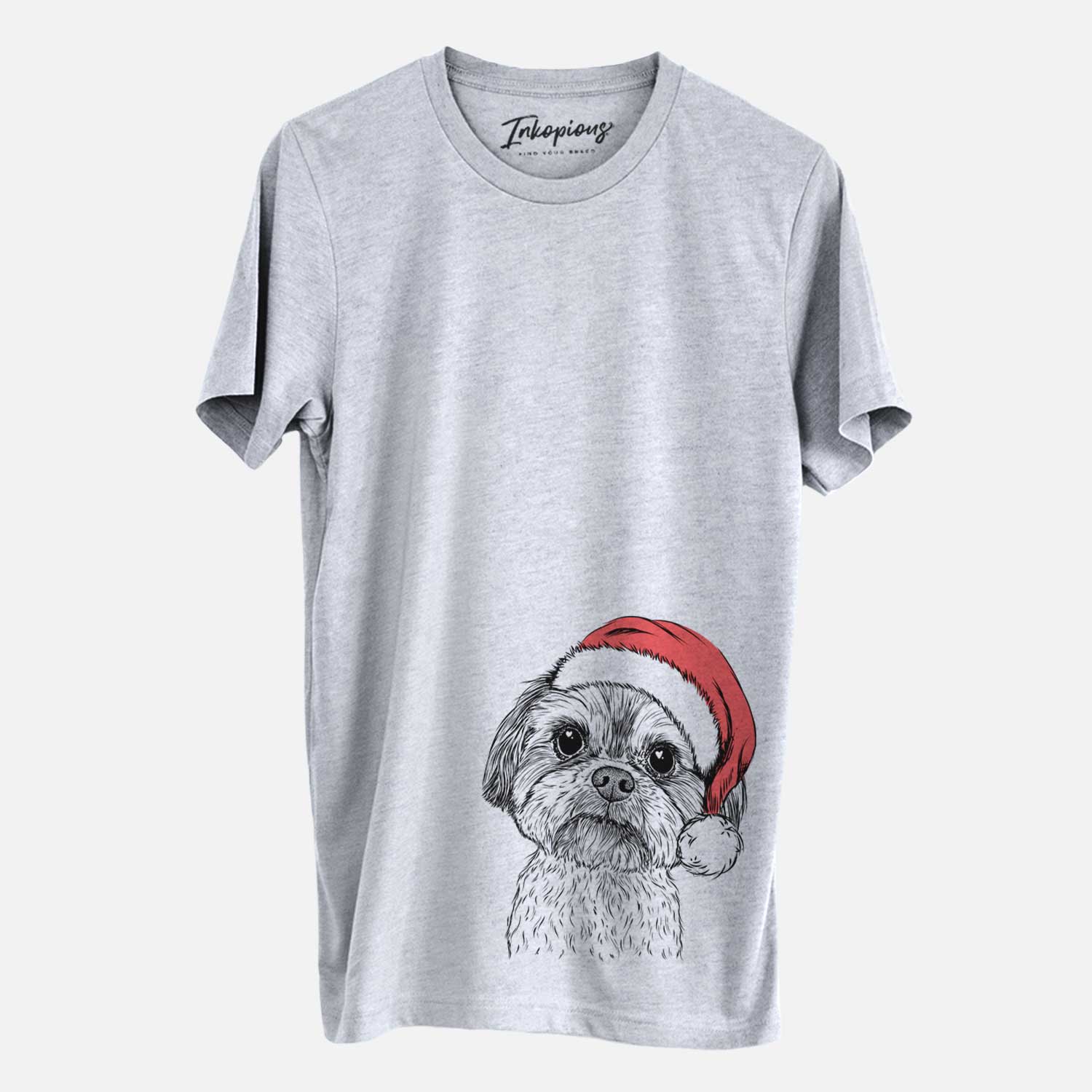 Hand-drawn sketch of Lucy the Shorkie wearing a Santa hat on a Grey Unisex crewneck
