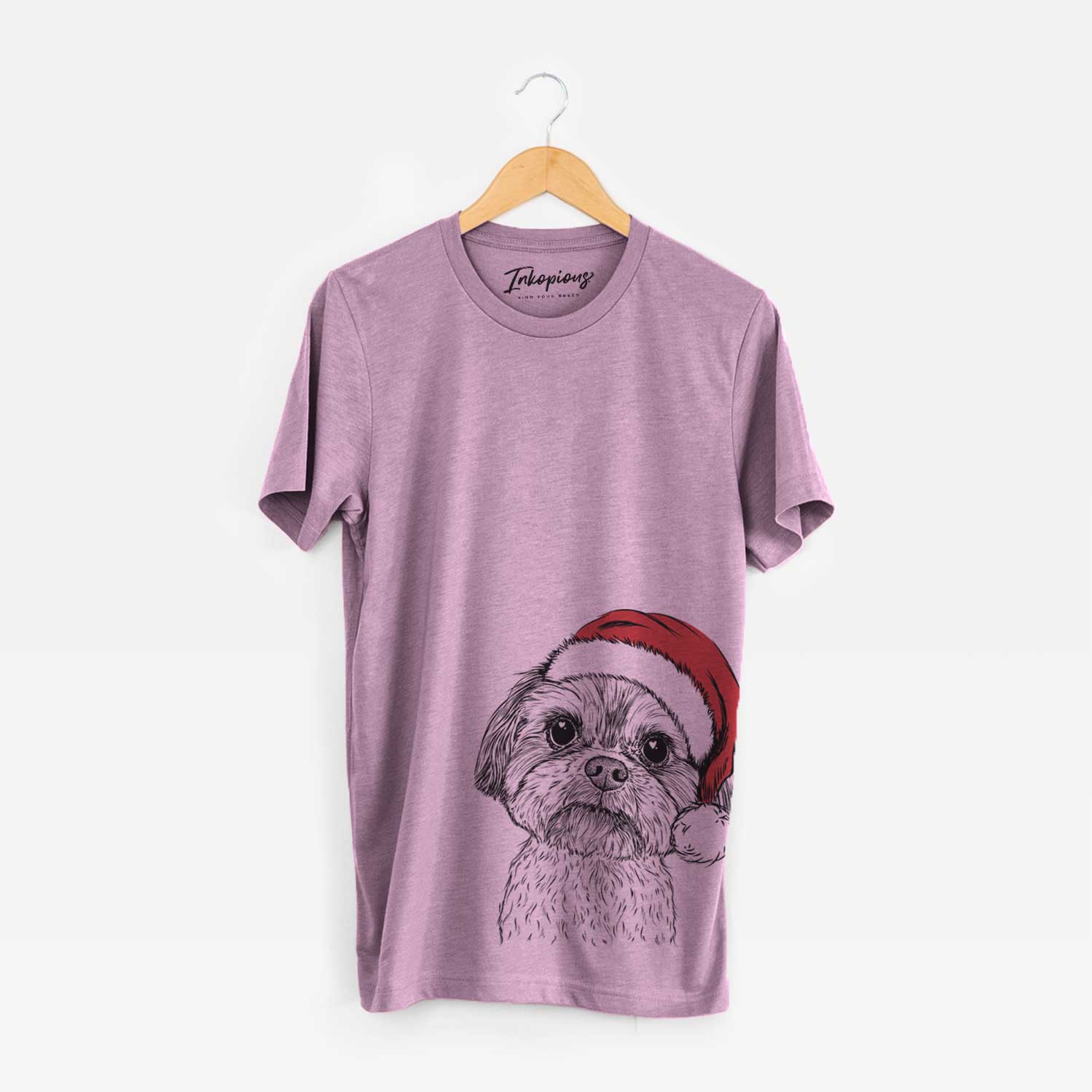 Hand-drawn sketch of Lucy the Shorkie wearing a Santa hat on an Orchid Unisex crewneck