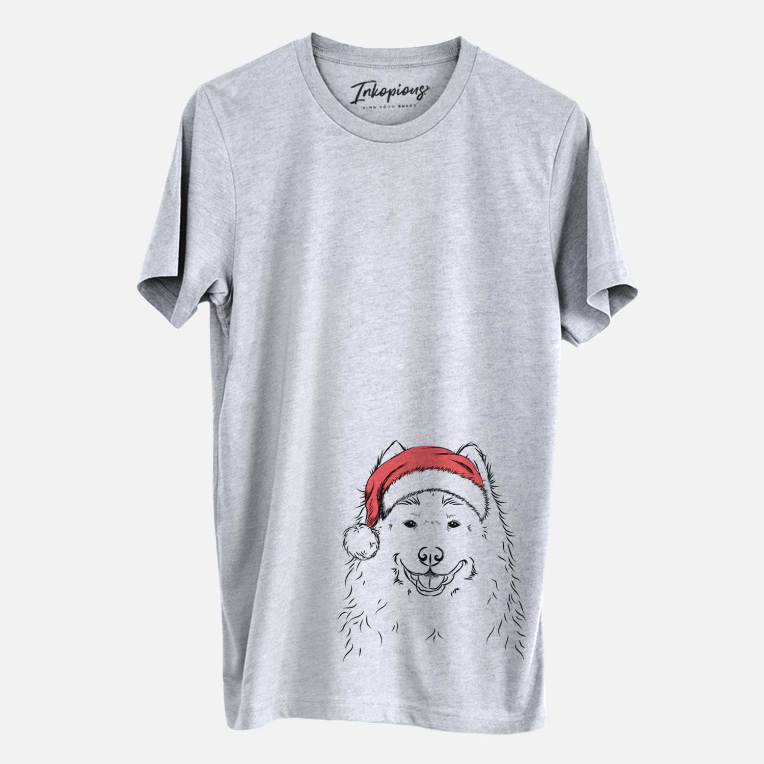 Hand-drawn sketch of Luka the Samoyed wearing a Santa hat on a Grey Unisex crewneck