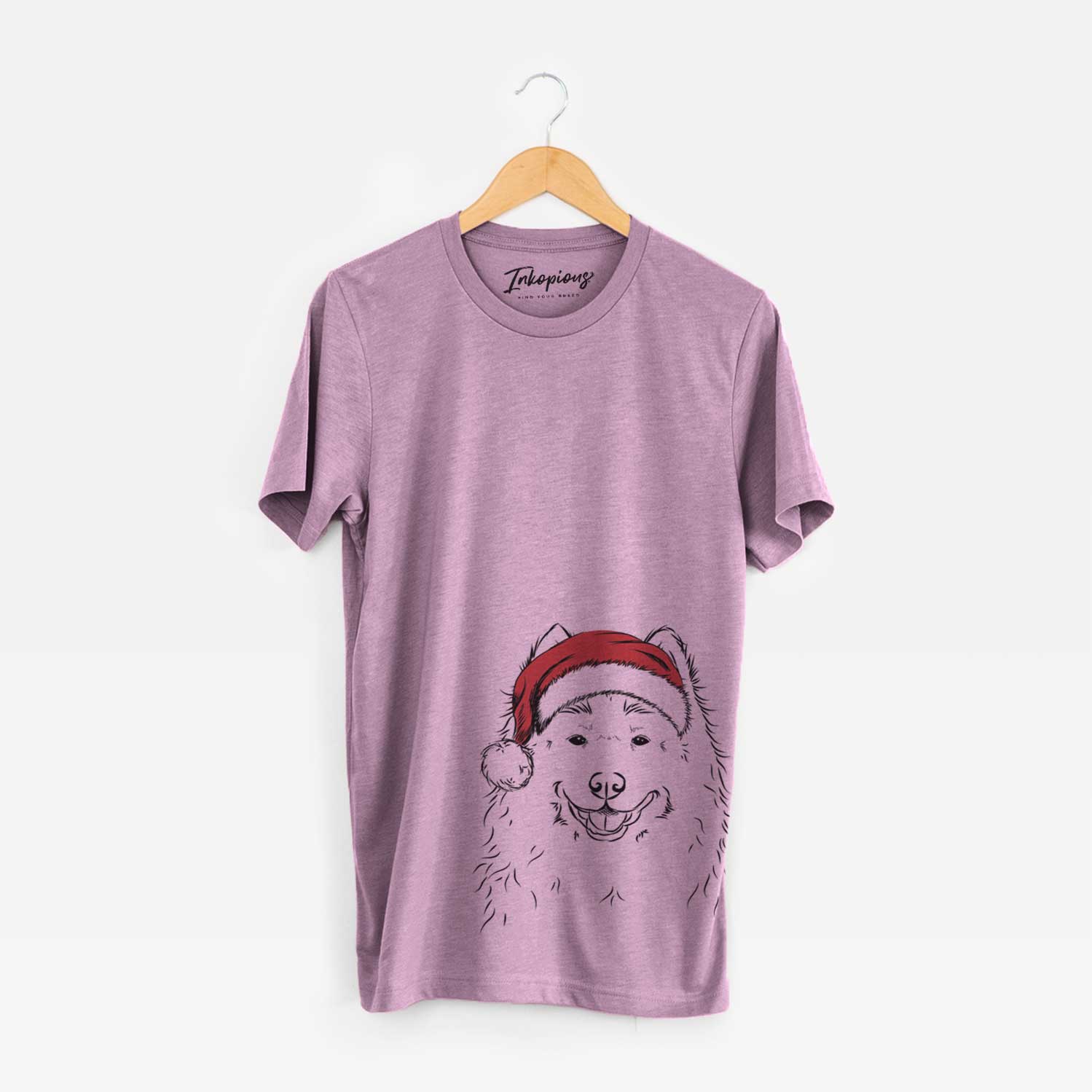Hand-drawn sketch of Luka the Samoyed wearing a Santa hat on an Orchid Unisex crewneck