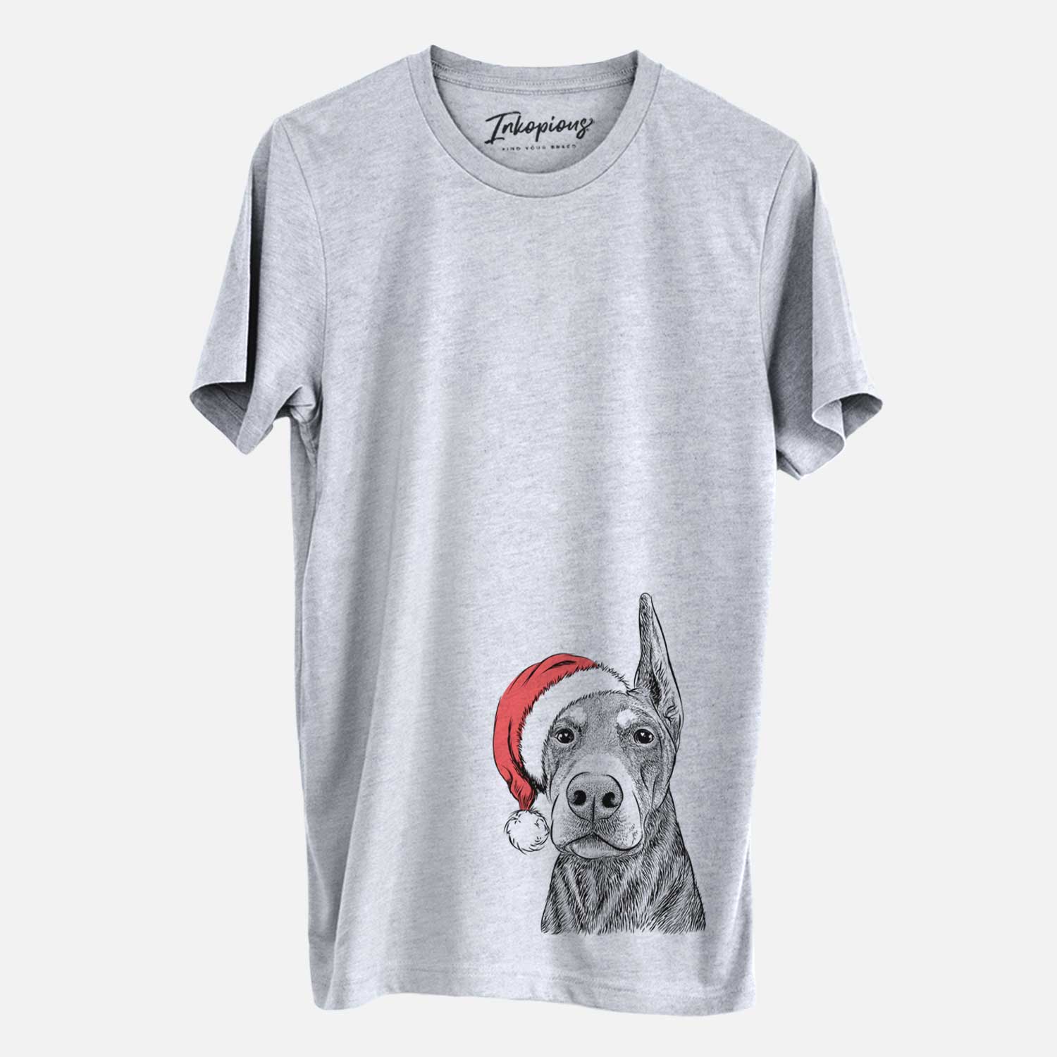 Hand-drawn sketch of Luna the Doberman Pinscher wearing a Santa hat on a Grey Unisex crewneck