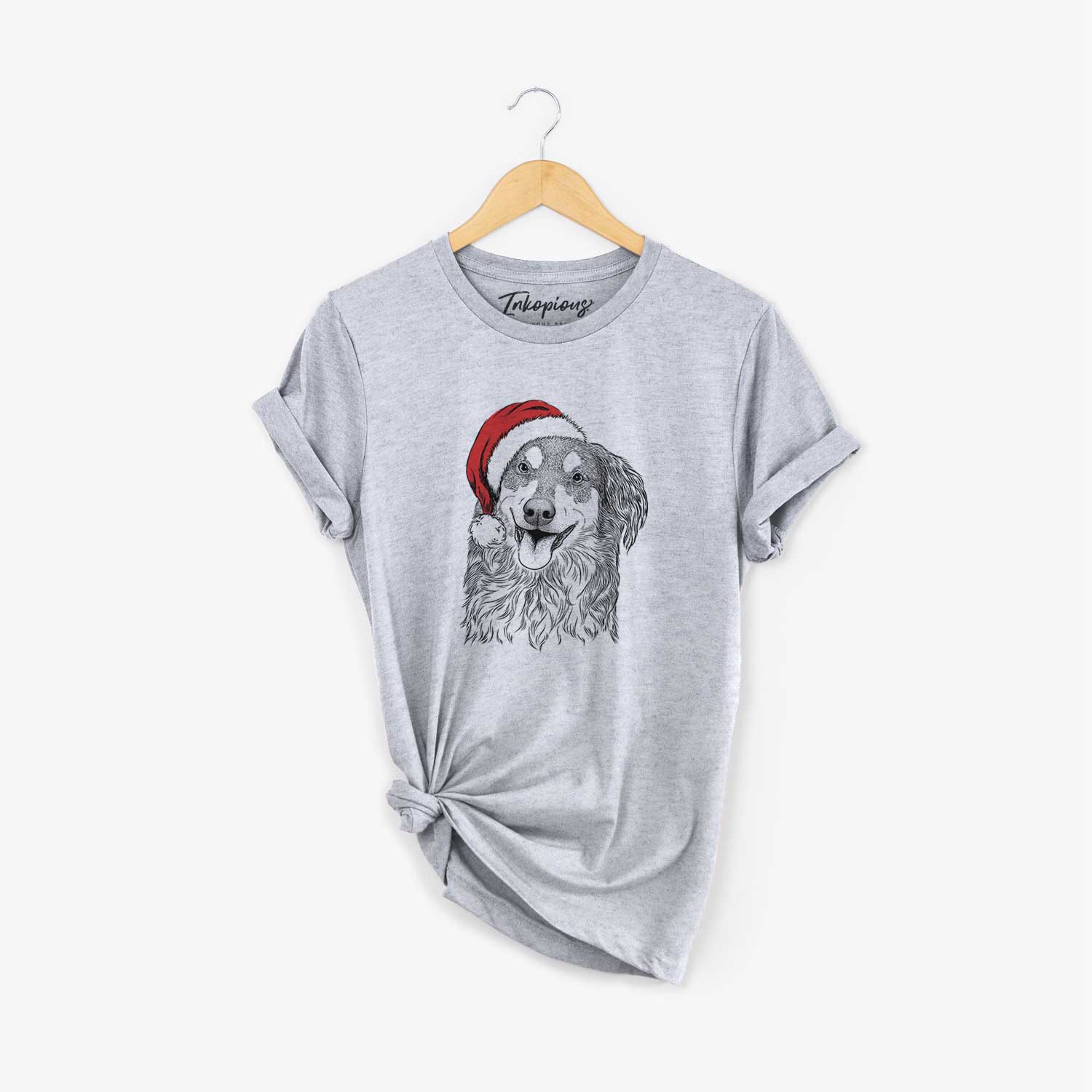 Hand-drawn sketch of Maddie the English Shepherd wearing a Santa hat on a Grey Unisex crewneck