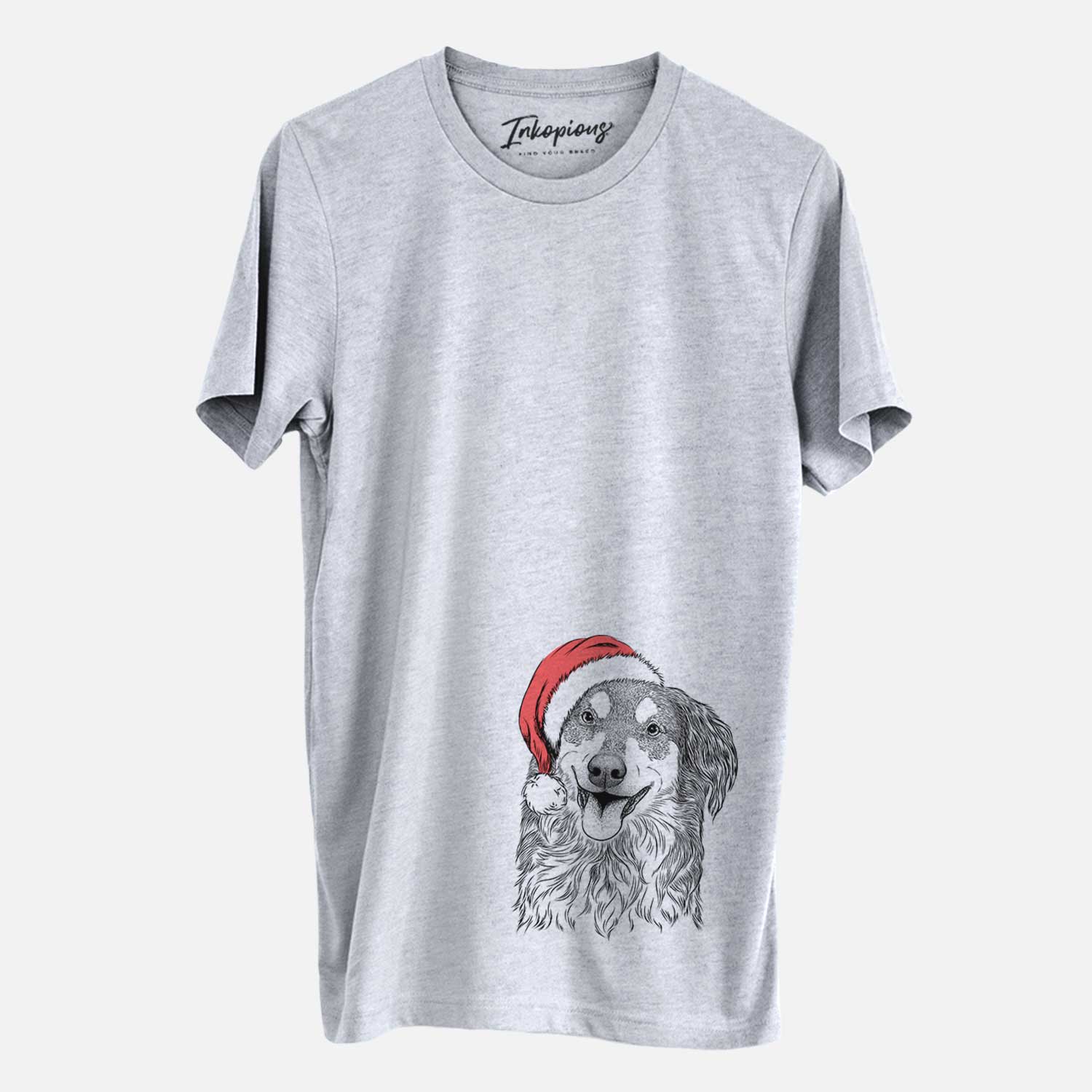 Hand-drawn sketch of Maddie the English Shepherd wearing a Santa hat on a Grey Unisex crewneck