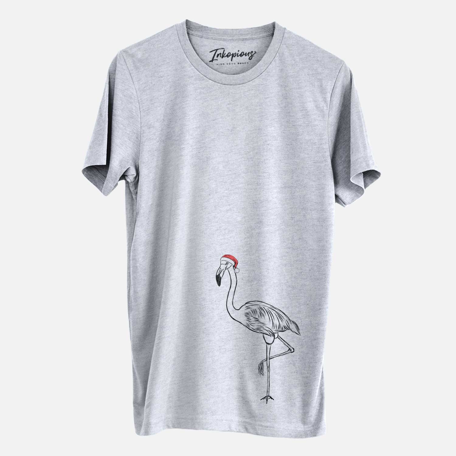 Hand-drawn sketch of Mango the Flamingo wearing a Santa hat on a Grey Unisex crewneck