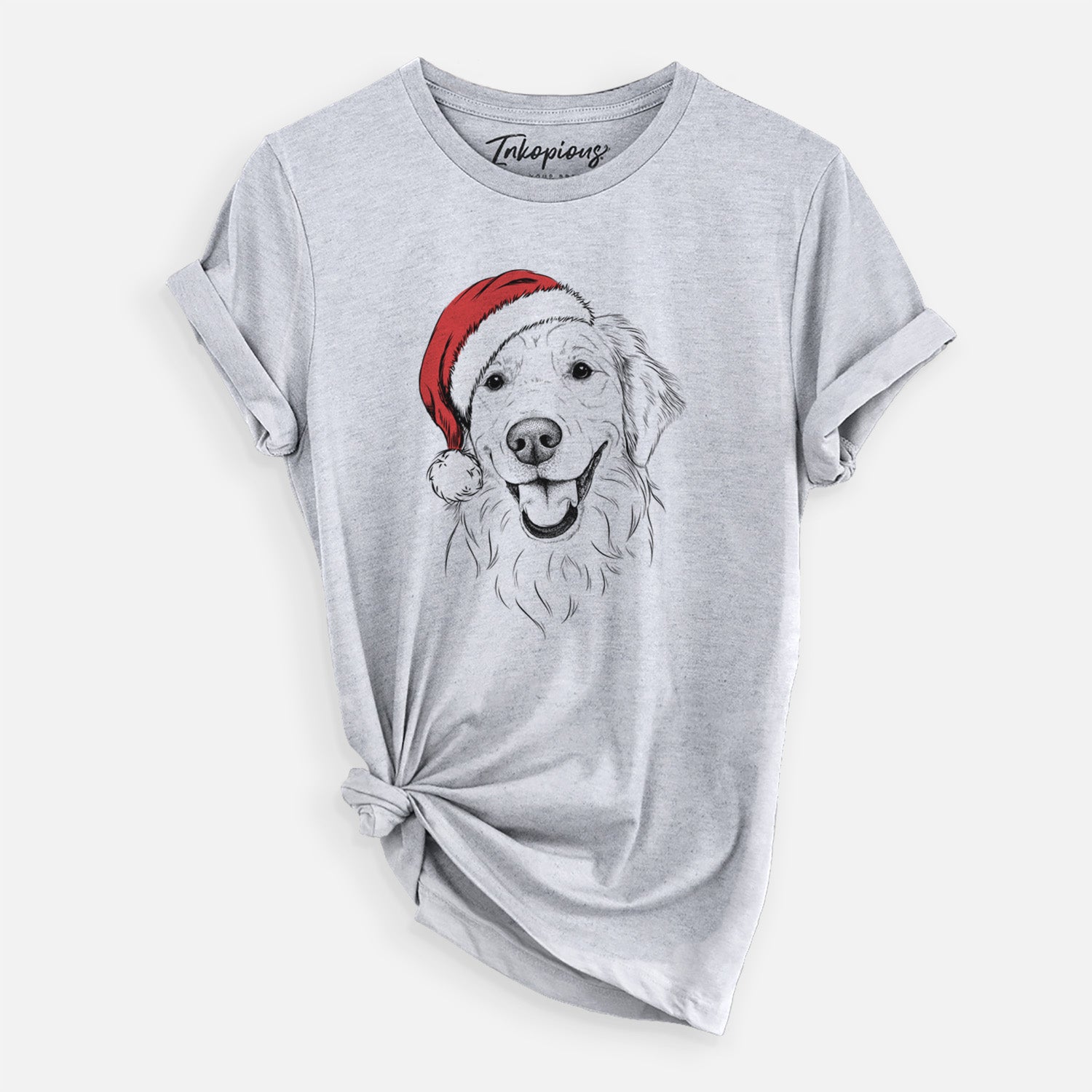 Hand-drawn sketch of Maple the Golden Retriever wearing a Santa hat on a Grey Unisex crewneck