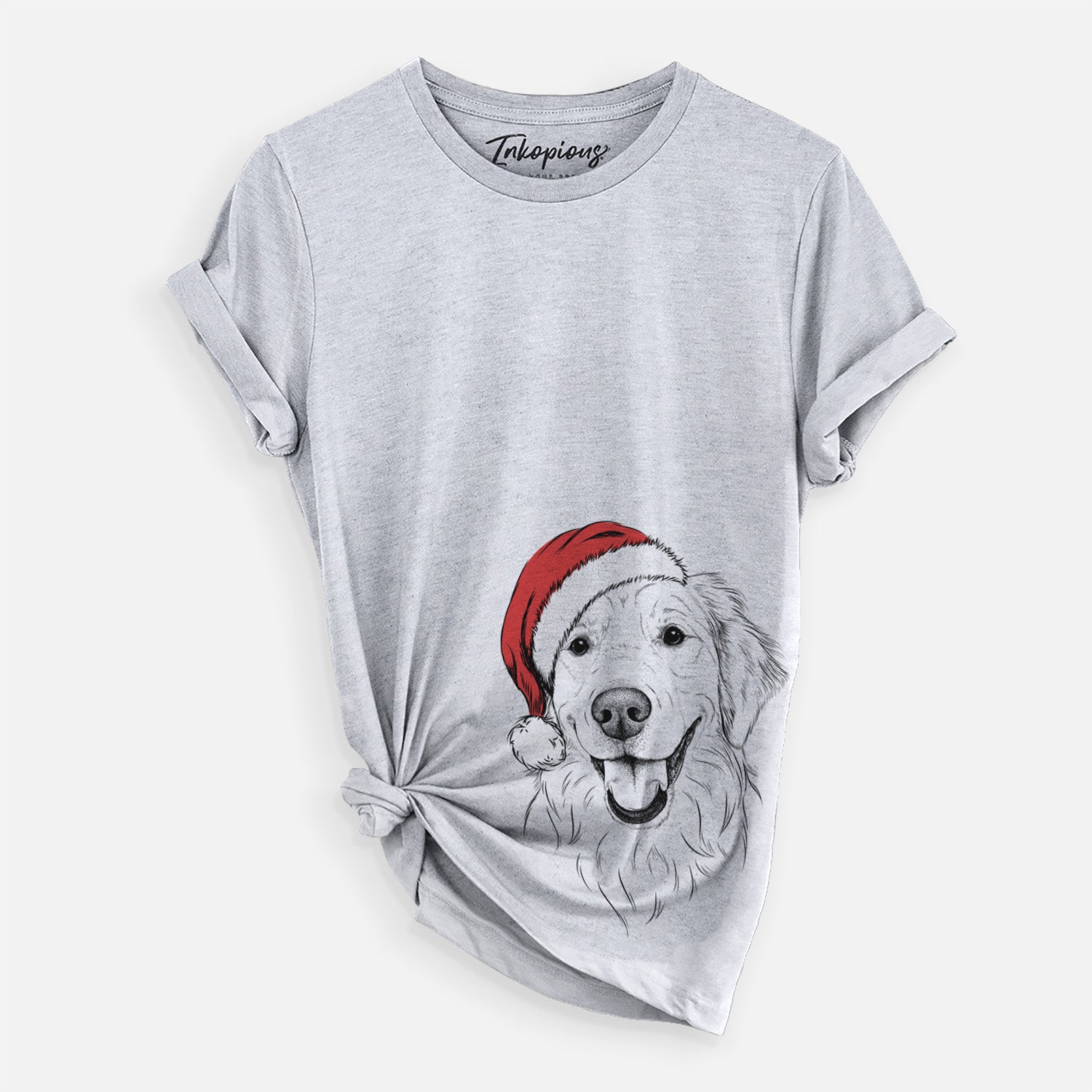 Hand-drawn sketch of Maple the Golden Retriever wearing a Santa hat on a Grey Unisex crewneck