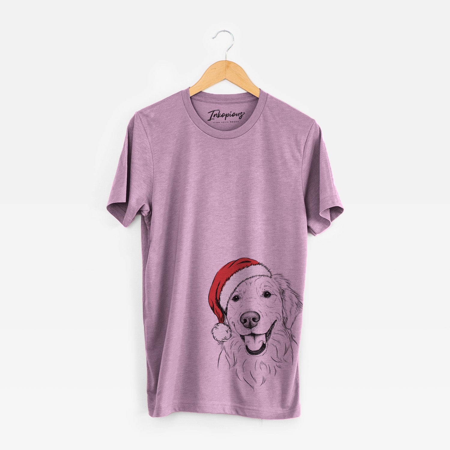 Hand-drawn sketch of Maple the Golden Retriever wearing a Santa hat on an Orchid Unisex crewneck