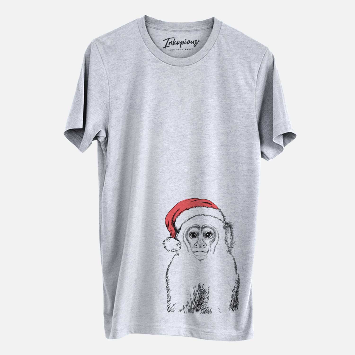 Hand-drawn sketch of Marcel the Capuchin Monkey wearing a Santa hat on a Grey Unisex crewneck