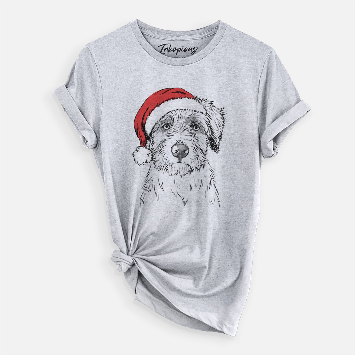 Hand-drawn sketch of Marek the Bernedoodle wearing a Santa hat on a Grey Unisex crewneck