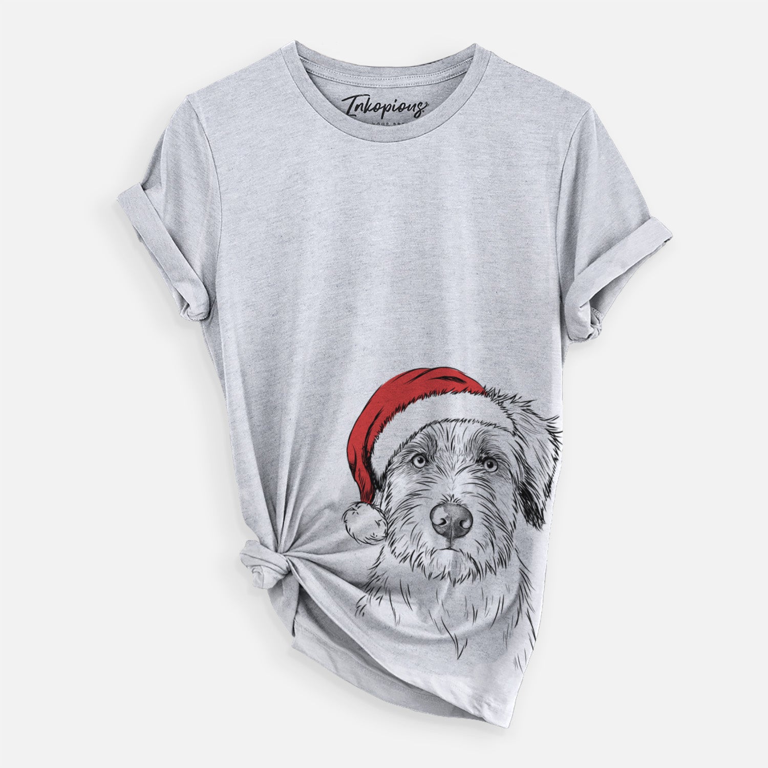 Hand-drawn sketch of Marek the Bernedoodle wearing a Santa hat on a Grey Unisex crewneck