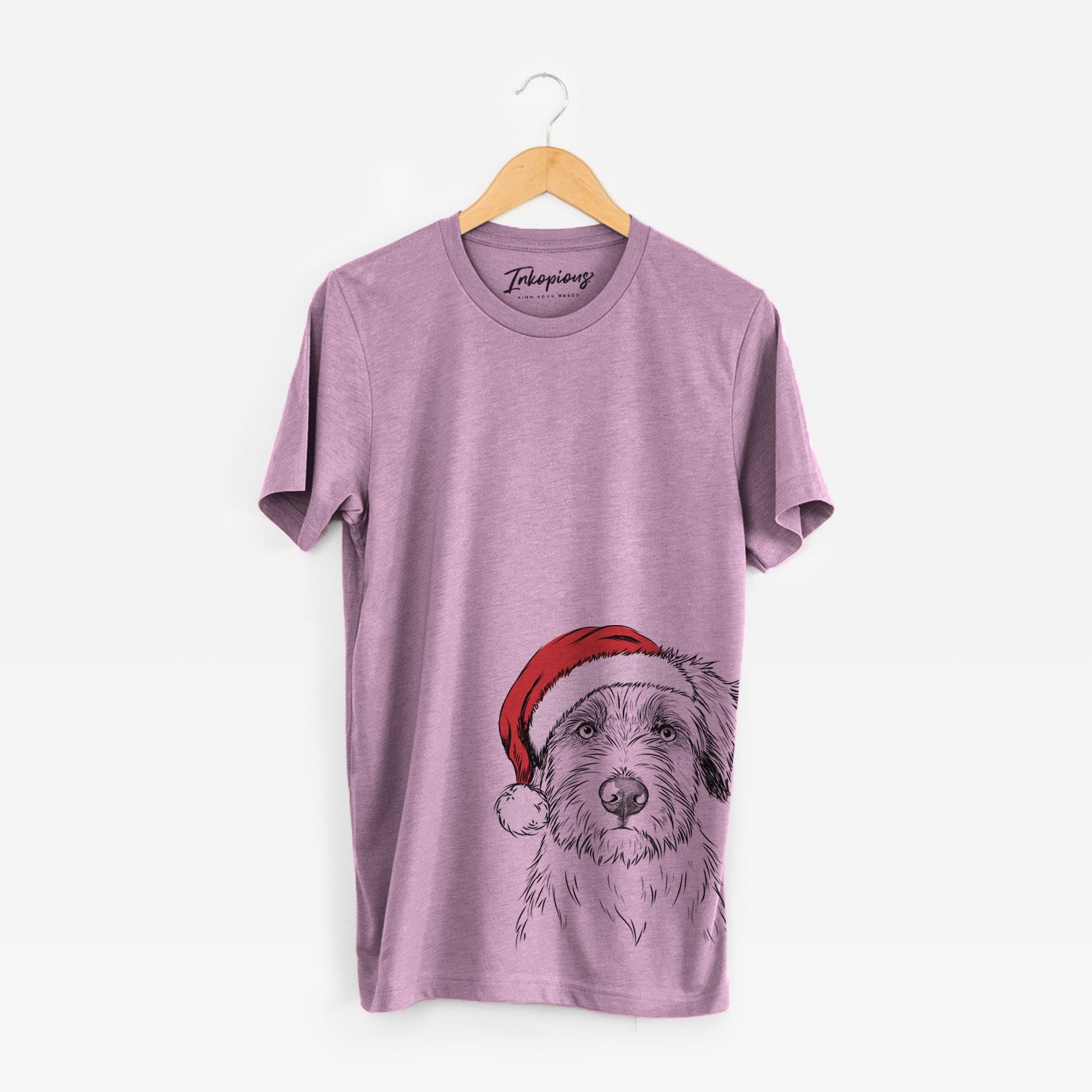 Hand-drawn sketch of Marek the Bernedoodle wearing a Santa hat on an Orchid Unisex crewneck