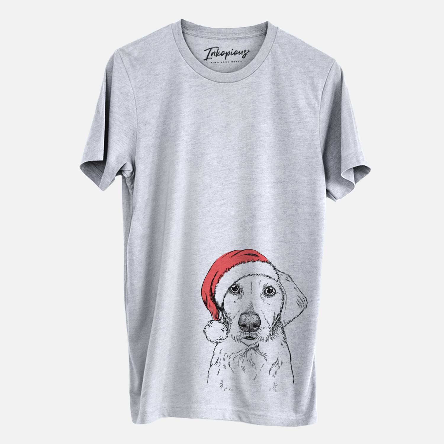 Hand-drawn sketch of Marley Sue the Labradoodle wearing a Santa hat on a Grey Unisex crewneck