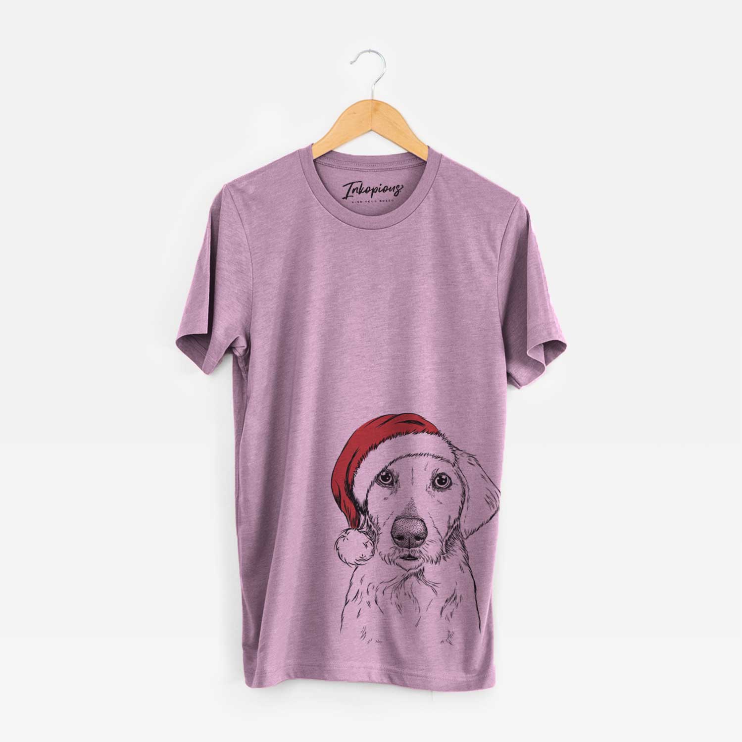 Hand-drawn sketch of Marley Sue the Labradoodle wearing a Santa hat on an Orchid Unisex crewneck