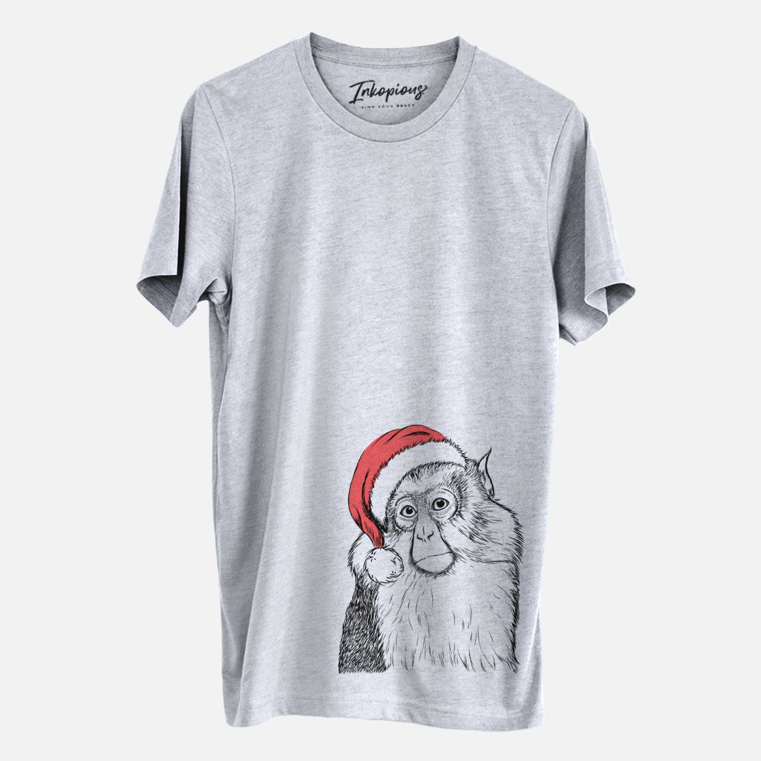 Hand-drawn sketch of Matata the Mona Monkey wearing a Santa hat on a Grey Unisex crewneck