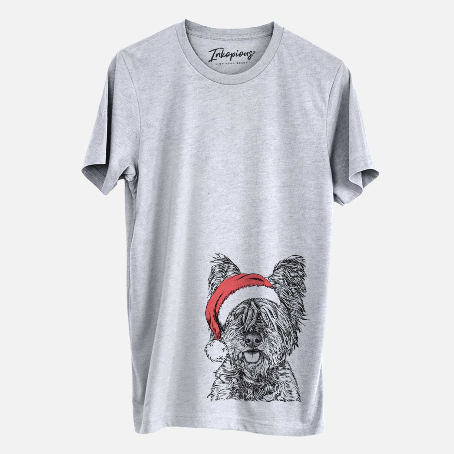 Hand-drawn sketch of McDuff the Cairn Terrier wearing a Santa hat on a Grey Unisex crewneck