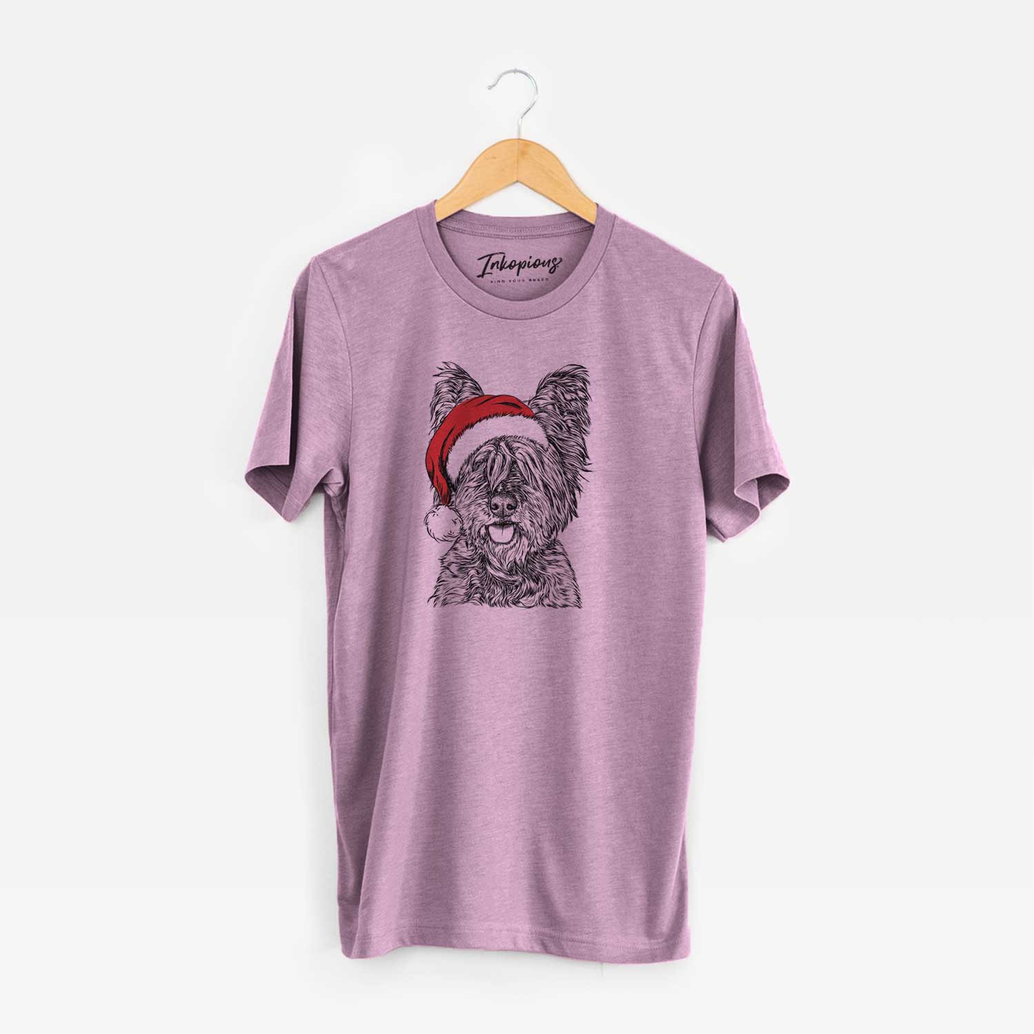Hand-drawn sketch of McDuff the Cairn Terrier wearing a Santa hat on an Orchid Unisex crewneck